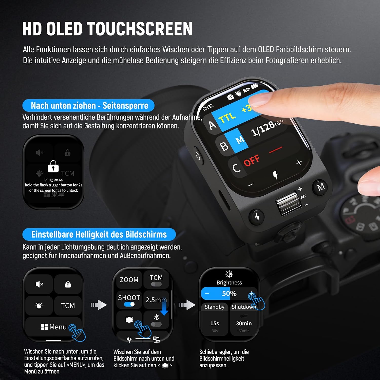 Detalle 2 de NEEWER QZ-C TTL Funk-Blitzauslöser für Canon mit OLED-Touchscreen, 1/8000s HSS und 1000-mAh Akku