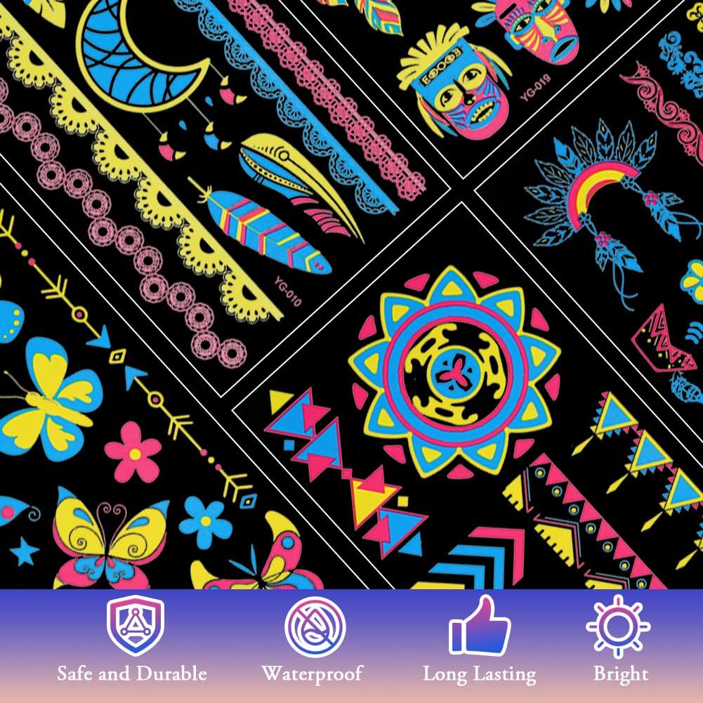 Detalle de ACWOO neontattoos, 200+ ontwerpen met UV-gloed en waterbestendige stickers