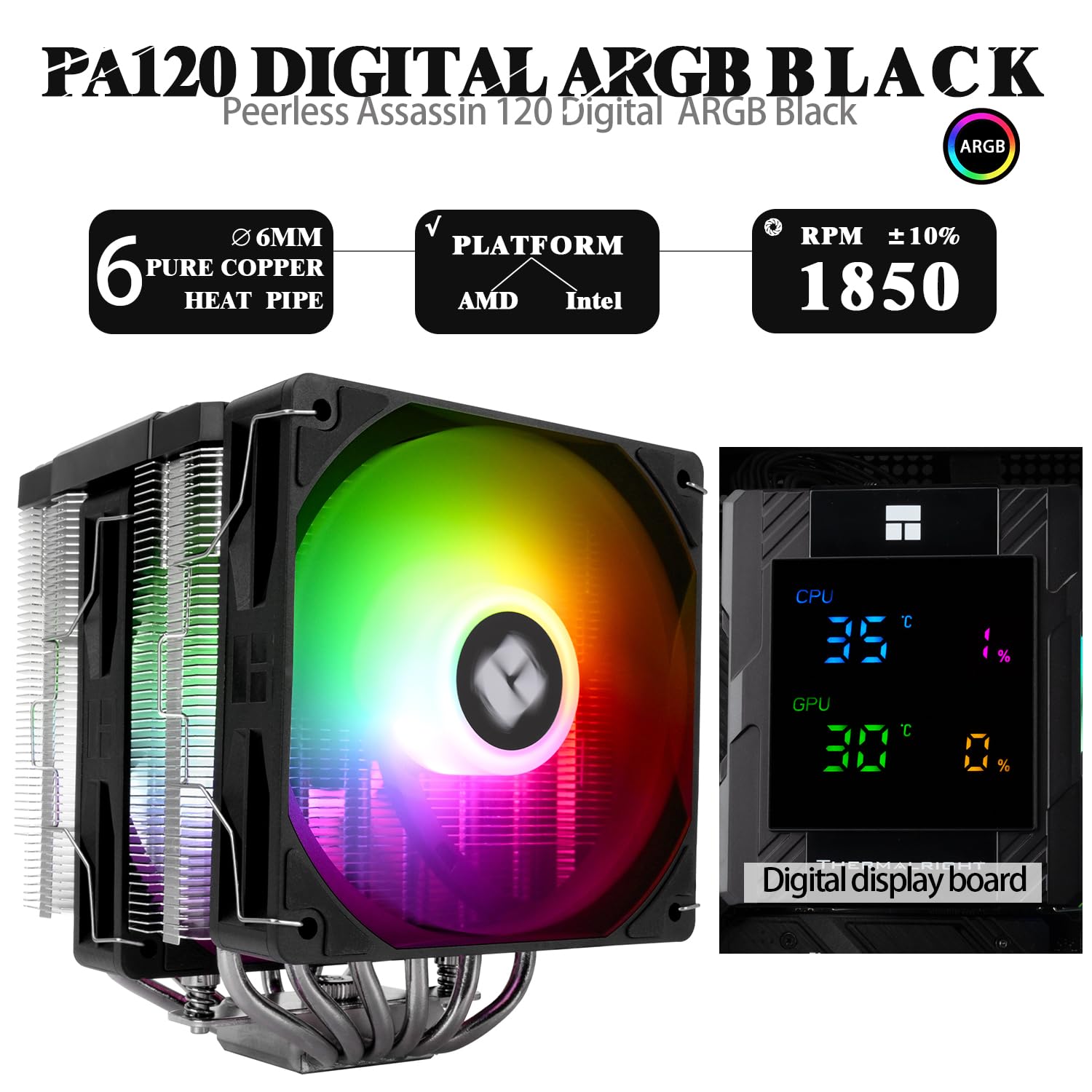 Detalle 2 de Thermalright TR Peerless Assassin 120 Digital ARGB air cooler with digital display (Dual 120mm, LGA 1700/AM5)