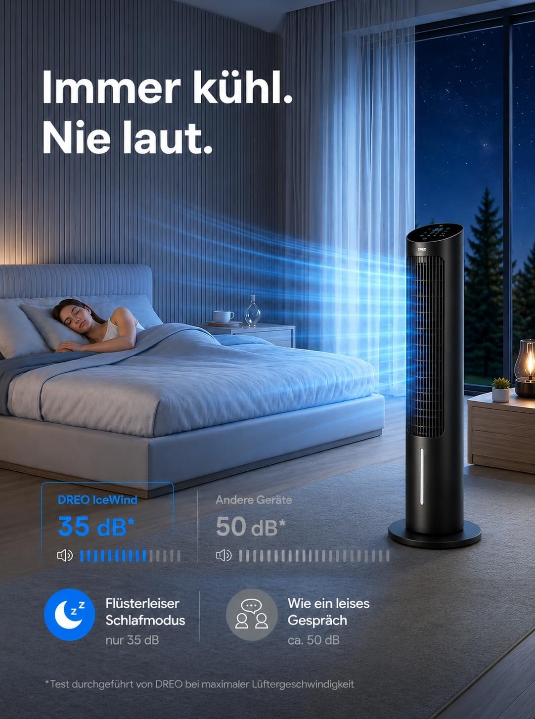 Detalle de DREO Turmventilator mit Kühlung – leise Verdunstungskühlung, 102 cm, Fernbedienung, 3 Modi, 4 Geschwindigkeiten, Schwarz