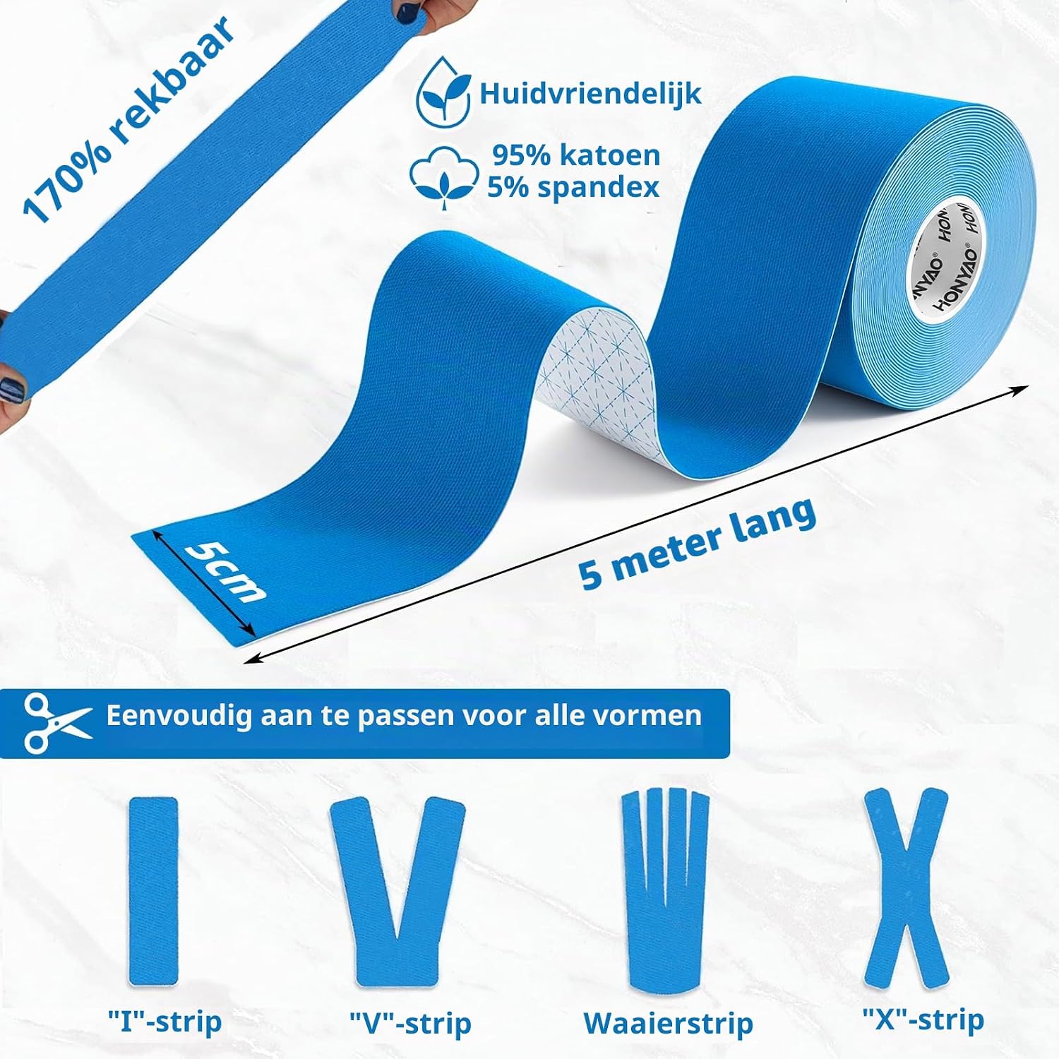 Thumbnail 1 de HONYAO BD-002 kinesiotape, 2 rollen van 5 m × 5 cm, blauw