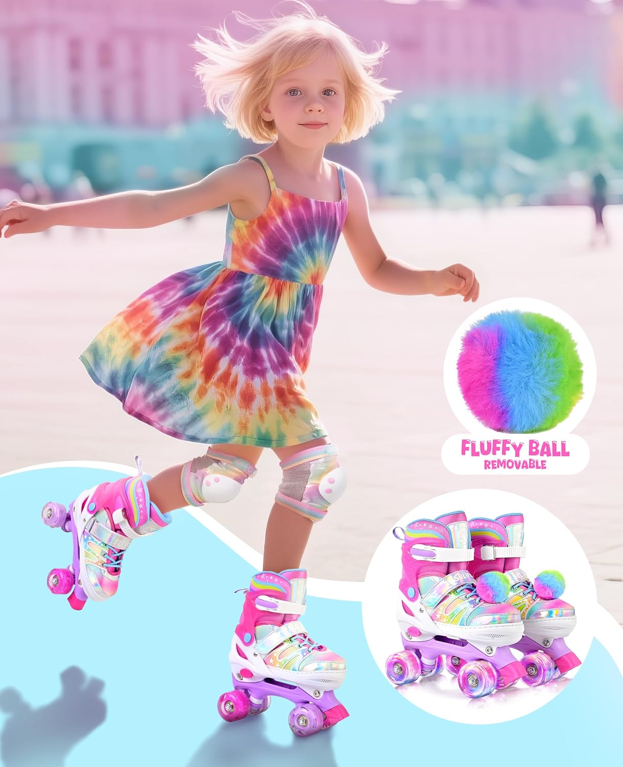 Thumbnail 5 de SULIFEEL Rainbow Tie-Dye Adjustable Roller Skates for Kids — Light-Up, Triple Protection, Indoor/Outdoor Fun
