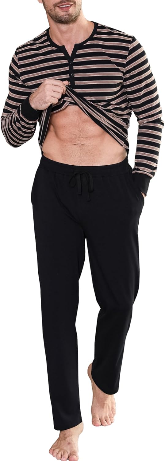 Thumbnail 1 de Winovia Herren Schlafanzug Langarm – Baumwolle Pyjama-Set mit Streifen und Knopfleiste
