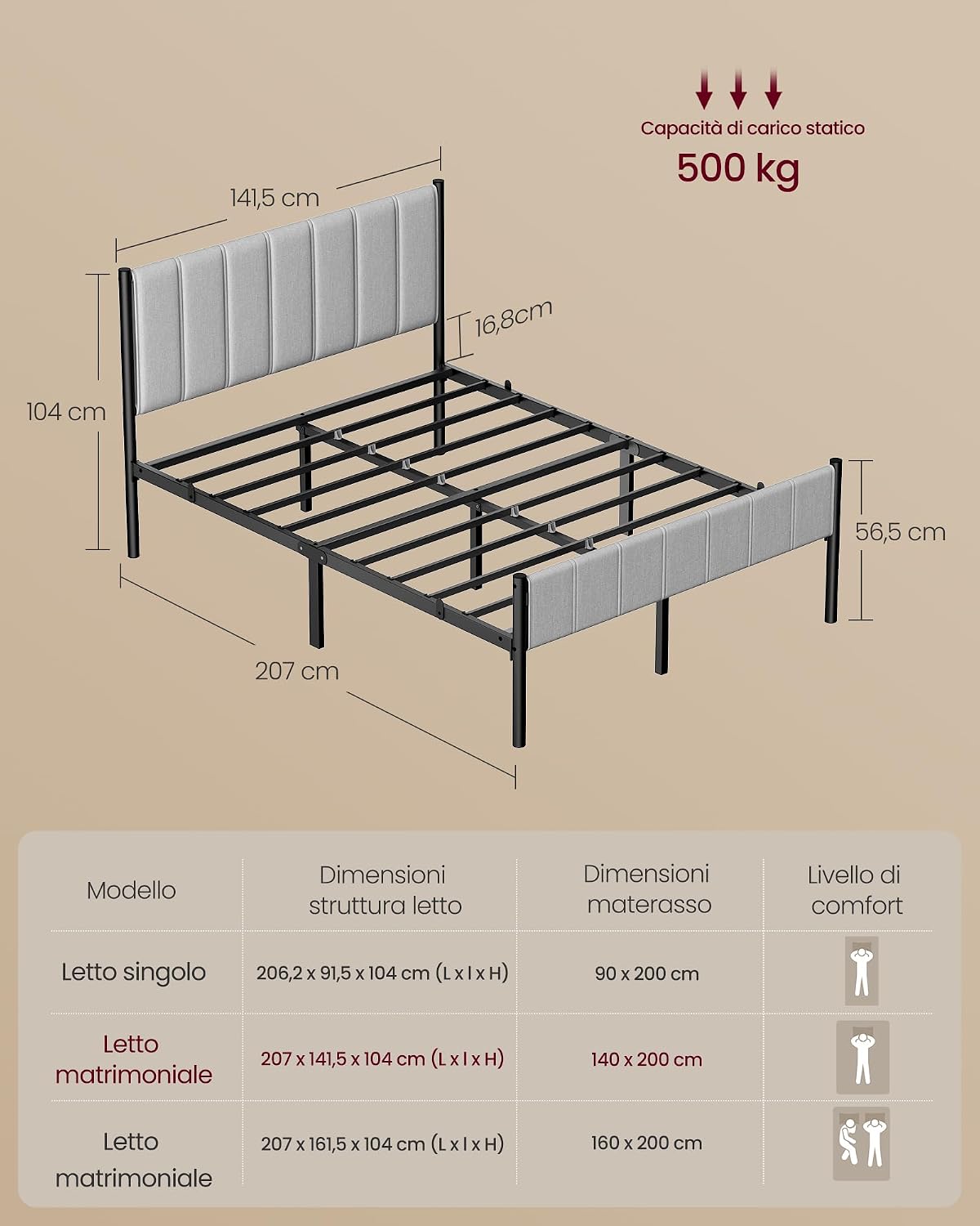 Detalle 2 de VASAGLE RMB974G01 Struttura Letto Matrimoniale 140x200 Grigio Tortora
