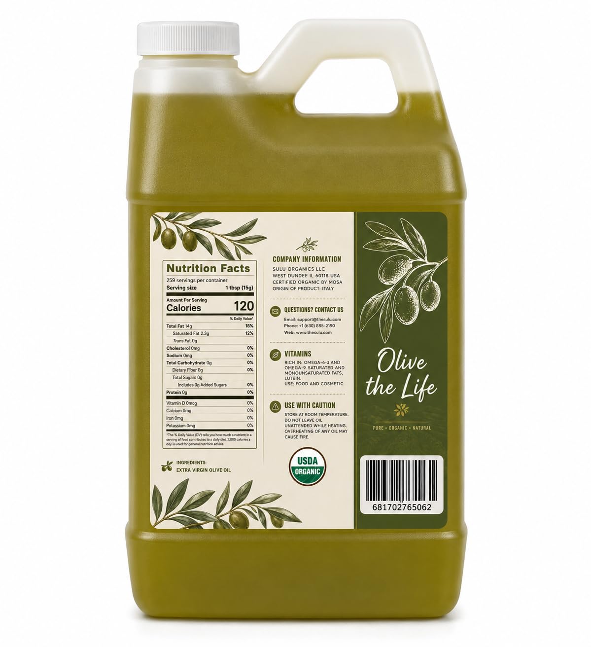 Detalle 2 de SULU ORGANICS Organic Extra Virgin Olive Oil, 64 fl oz, Cold-Pressed