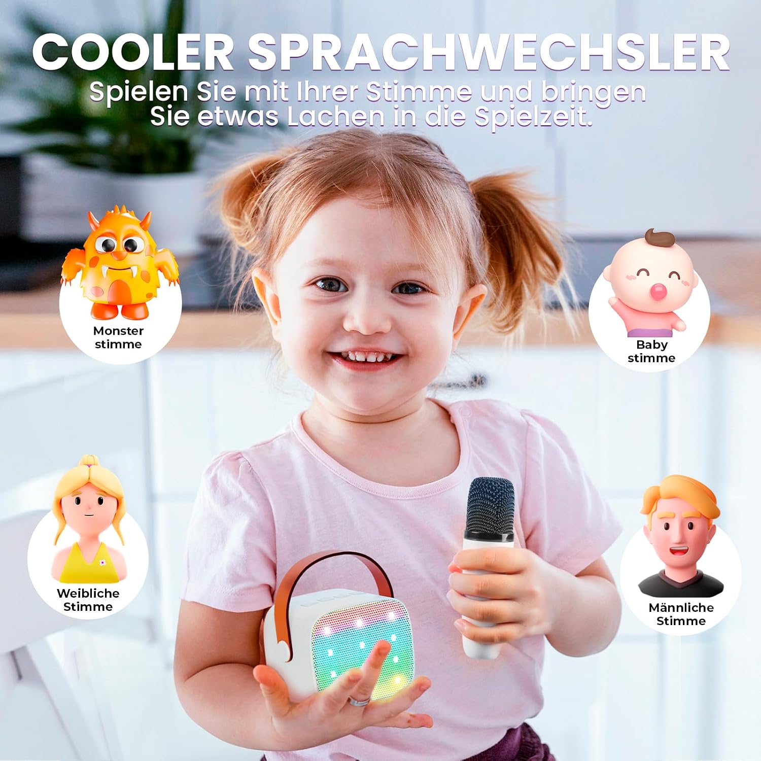 Detalle de Kinder Karaoke Maschine mit Bluetooth-Lautsprecher, 2 Mikrofone, LED-Lichteffekte – Tragbare Karaoke-Box (Weiß)