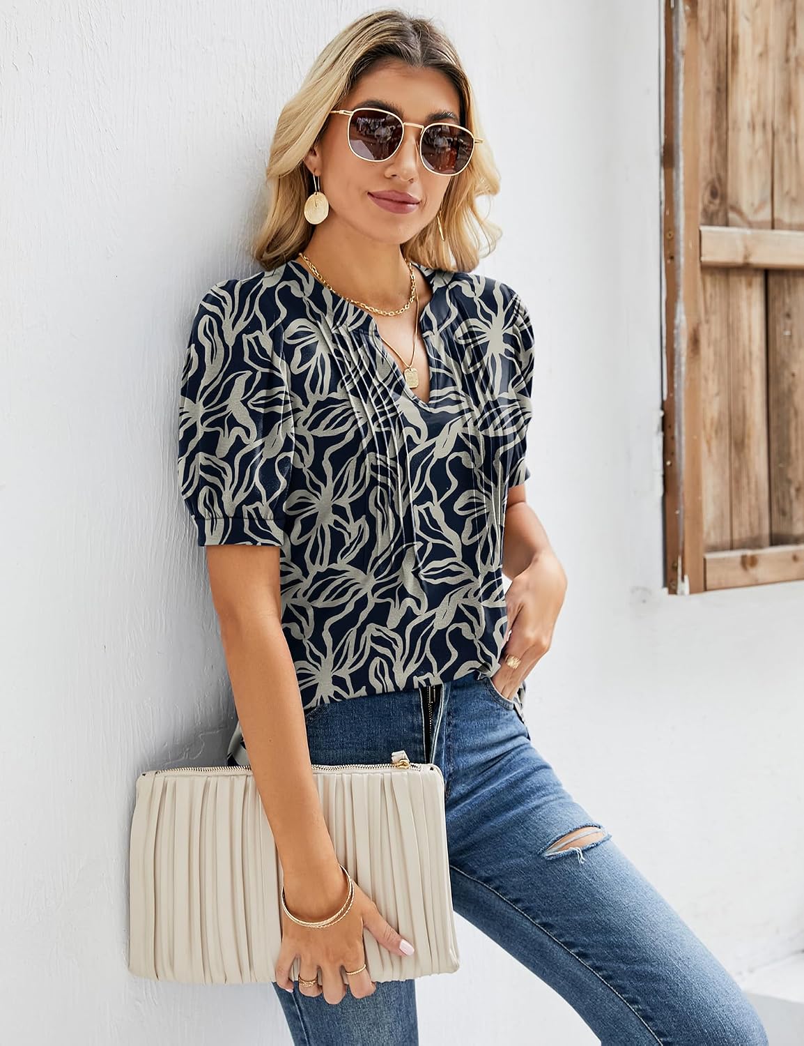 Thumbnail 3 de EFFAN women’s V-neck puff sleeve pleated tunic T-shirt with floral print
