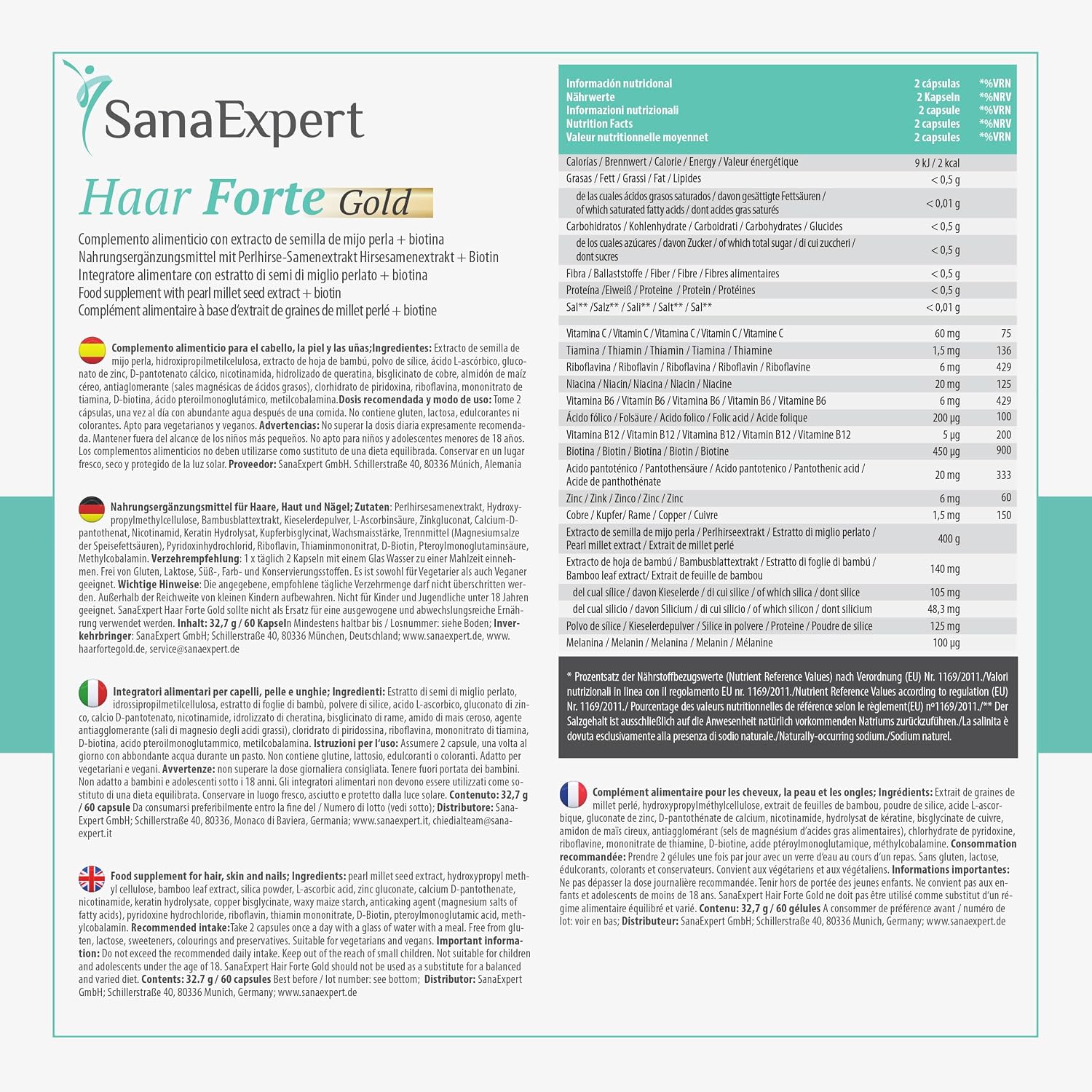 Detalle 2 de SanaExpert Haar Forte Gold – Complément capillaire vegan en gélules (60 capsules) pour renforcer les cheveux