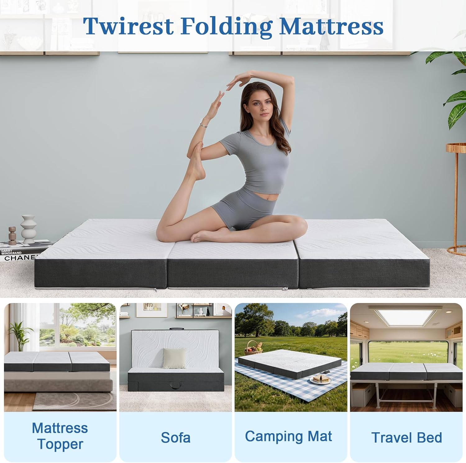 Thumbnail 6 de Twirest Folding Mattress – Double Foldable Memory Foam Mattress with Portable Pillow, 135x190x15cm