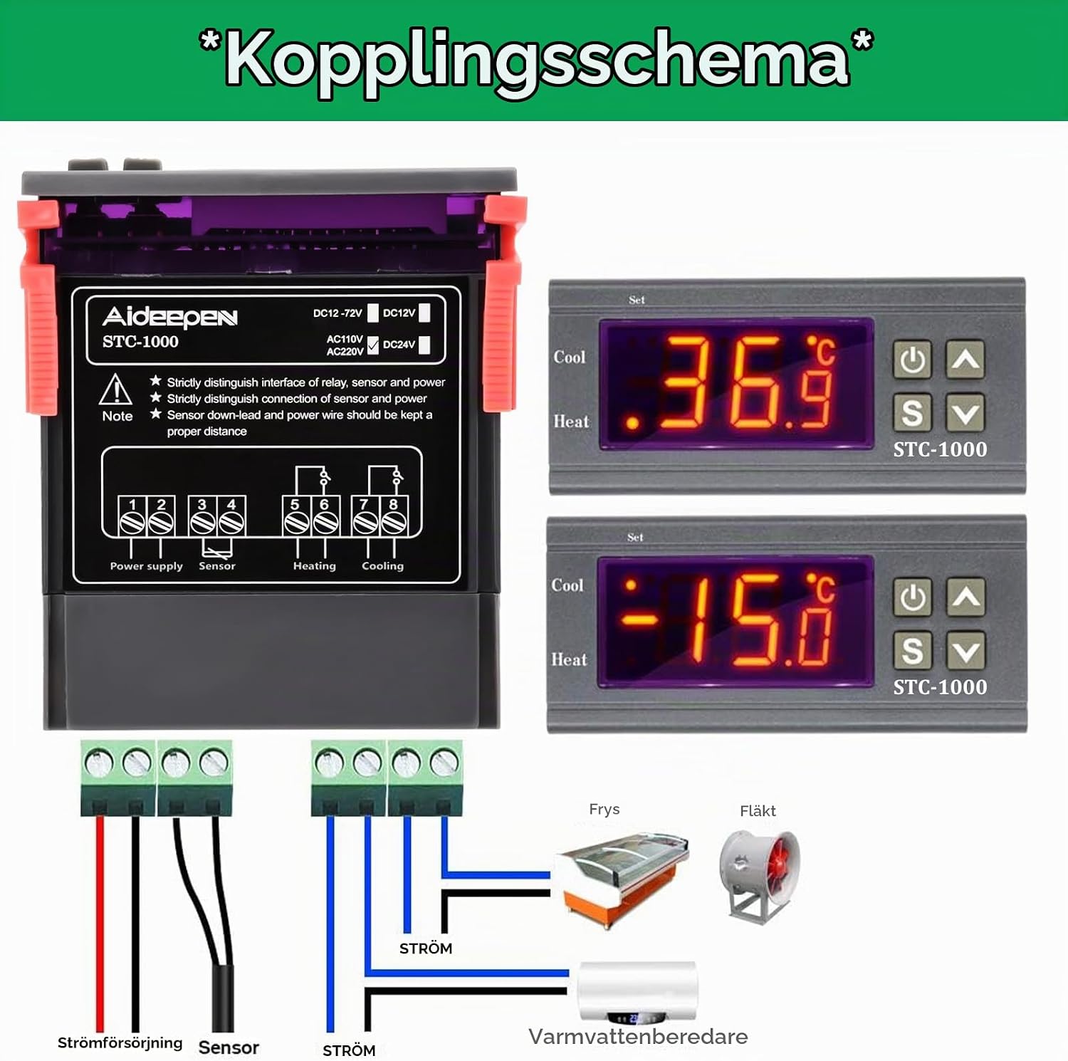Thumbnail 5 de Aideepen STC-1000 temperaturregulator för värme och kyla med LCD och NTC 10K-givare