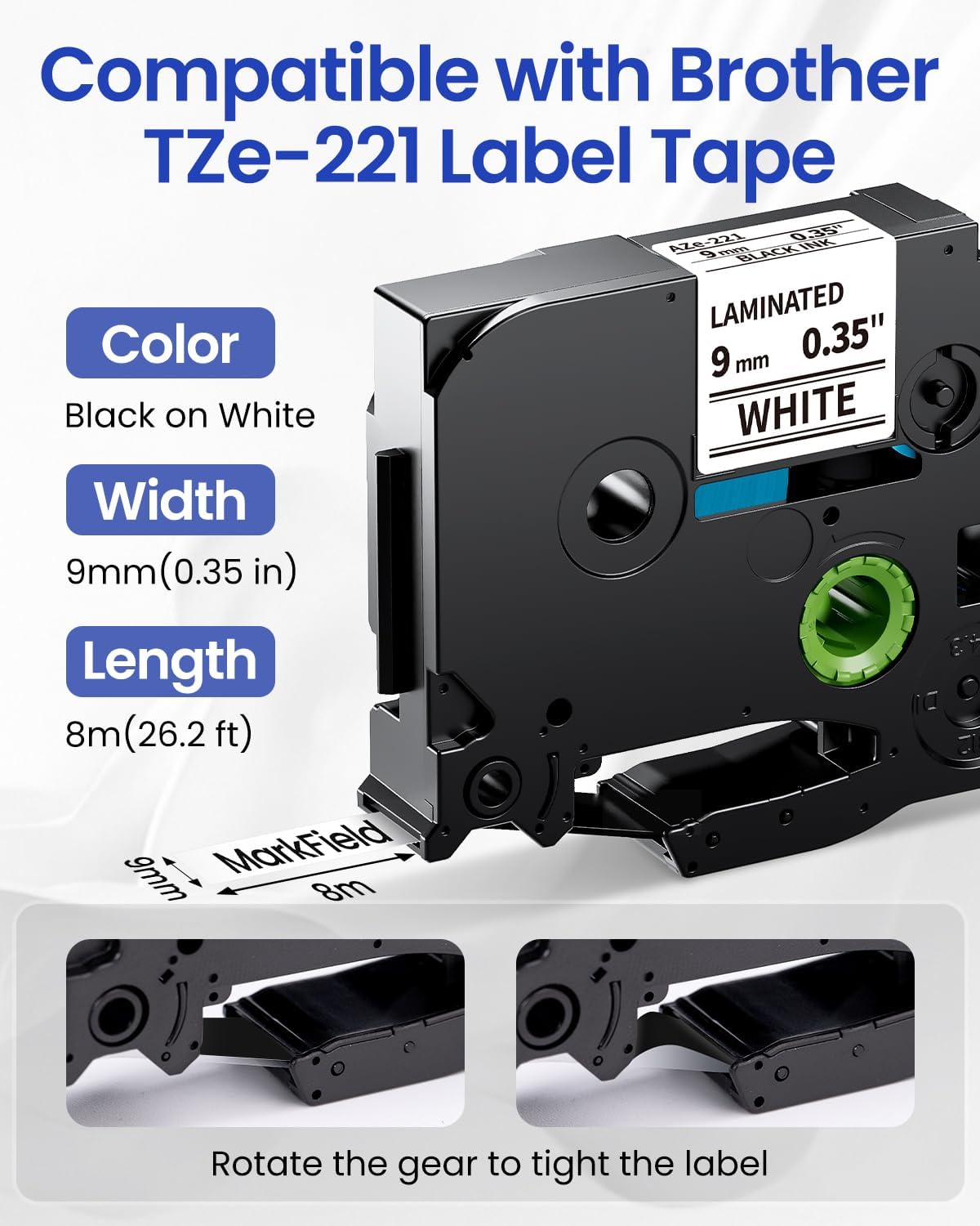 Thumbnail 2 de MarkField TZe-221 9 mm Schriftband (schwarz auf weiß) kompatibel mit Brother P-touch, laminiert – 4er Pack