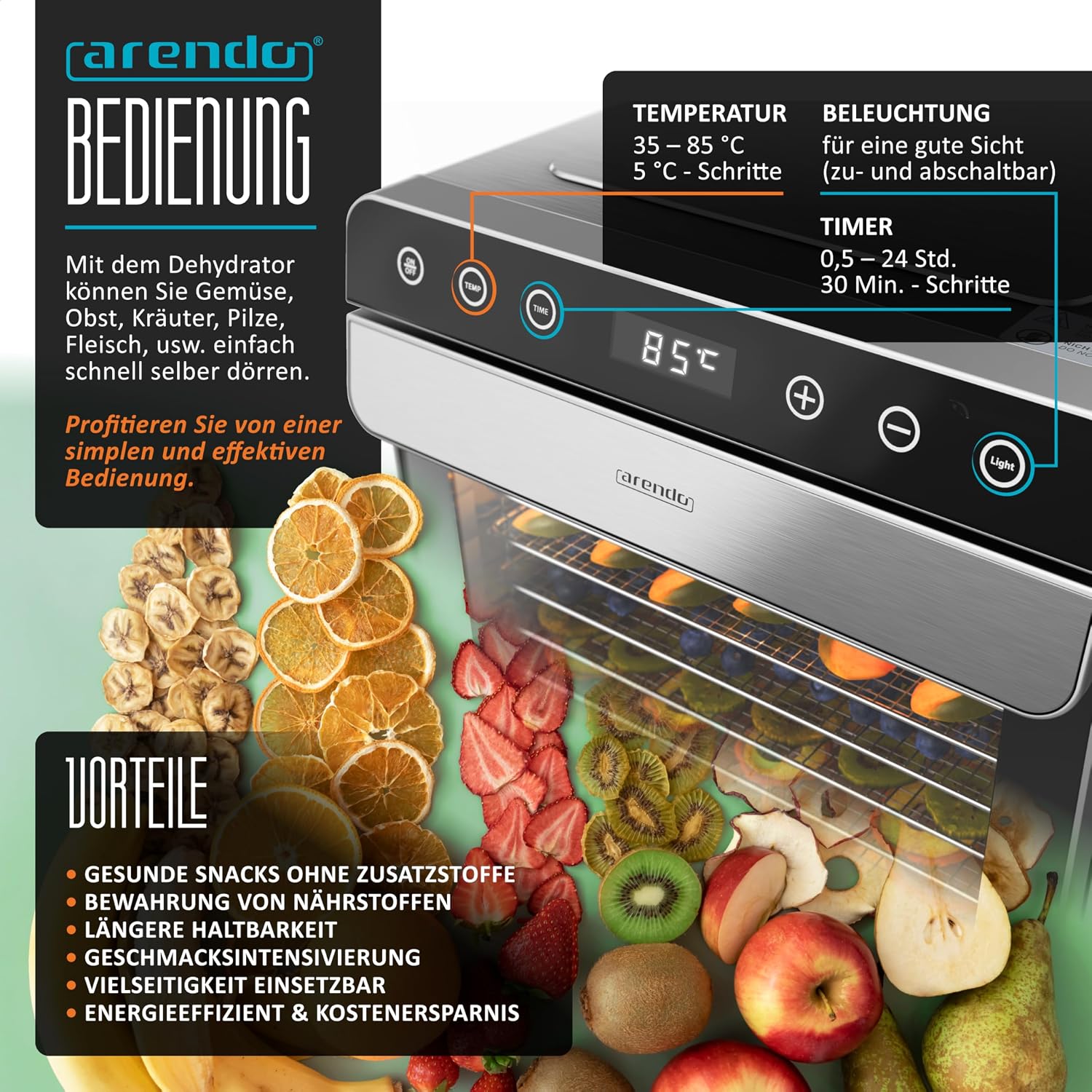 Detalle 2 de arendo Dörrautomat aus Edelstahl mit 8 Einlegetabletts (700 W), 35–85 °C – Dörrgerät für Obst, Fleisch, Pilze