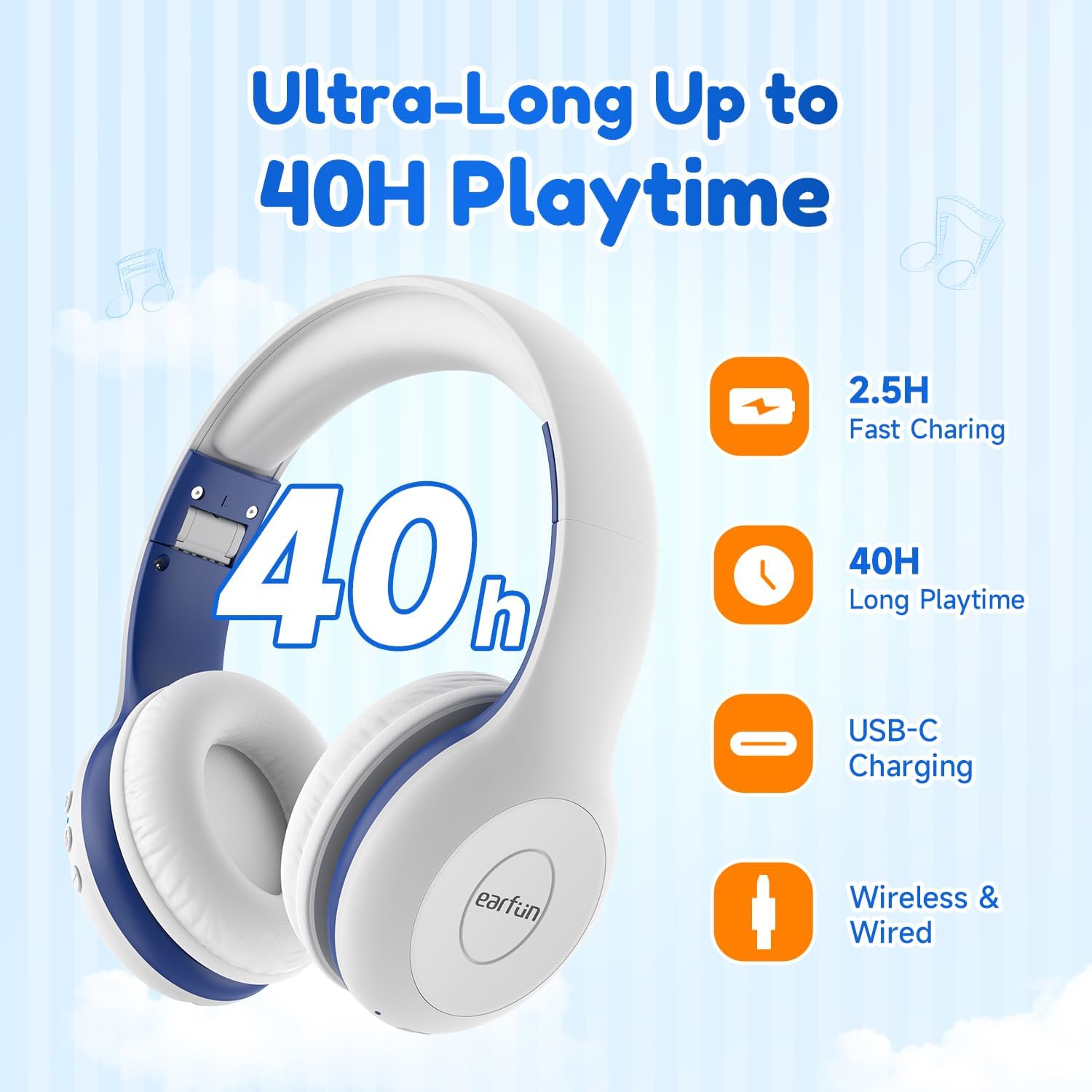 Detalle 2 de EarFun Bluetooth-Kopfhörer für Kinder (85/94 dB) mit HD-Mikrofon, bis zu 40 Std. Akku und faltbarem Design – Weiß