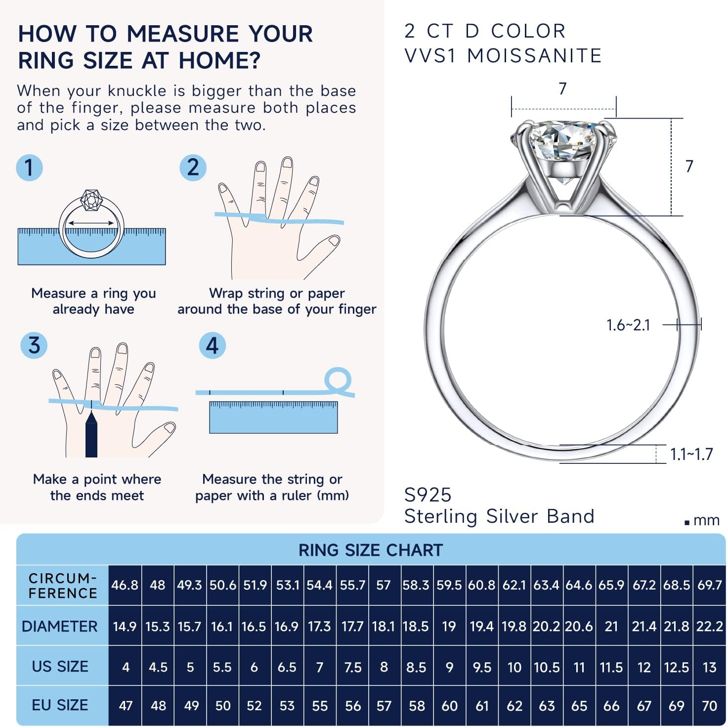 Detalle 2 de MomentWish Anello Moissanite da Donna, 1/2 Carato, Solitario con Argento 925 – D/VVS1, Regalo di Nozze