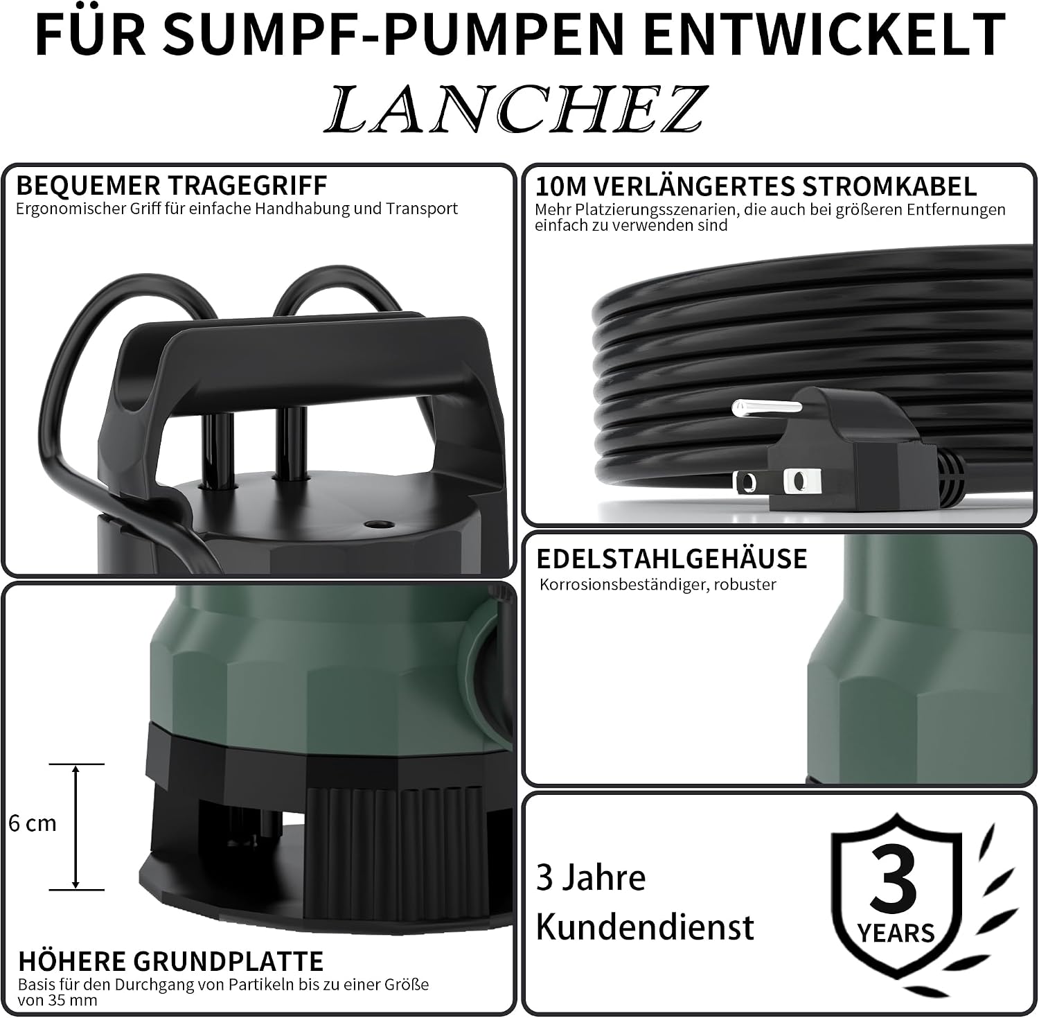 Thumbnail 4 de LANCHEZ Schmutzwassertauchpumpe 1000 W – 17.000 l/h, IPX8, mit Schwimmerschalter
