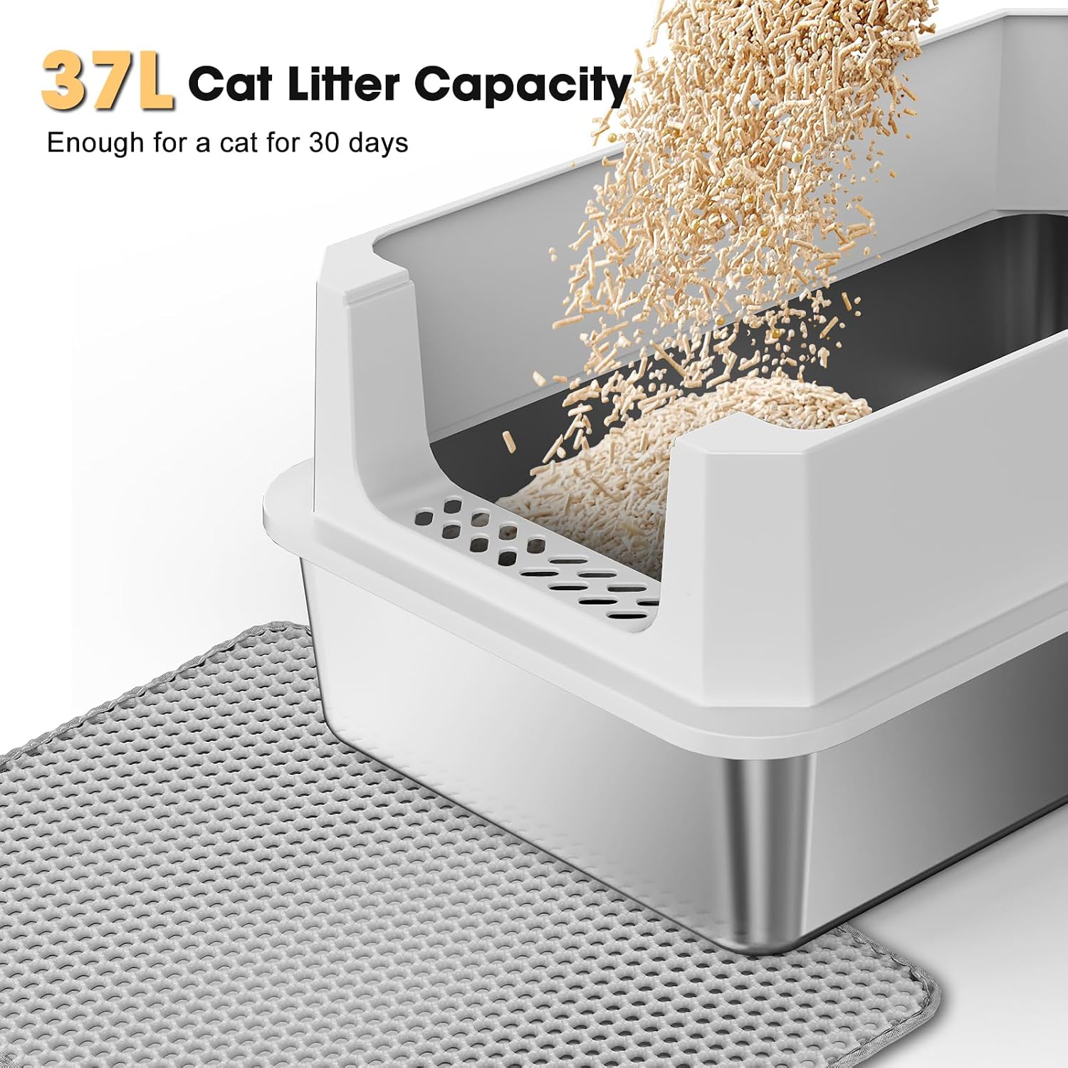 Detalle 2 de FURTIME CLB-SG-XL Stainless Steel Cat Litter Box, Large, High-Sided with Scoop & Mat