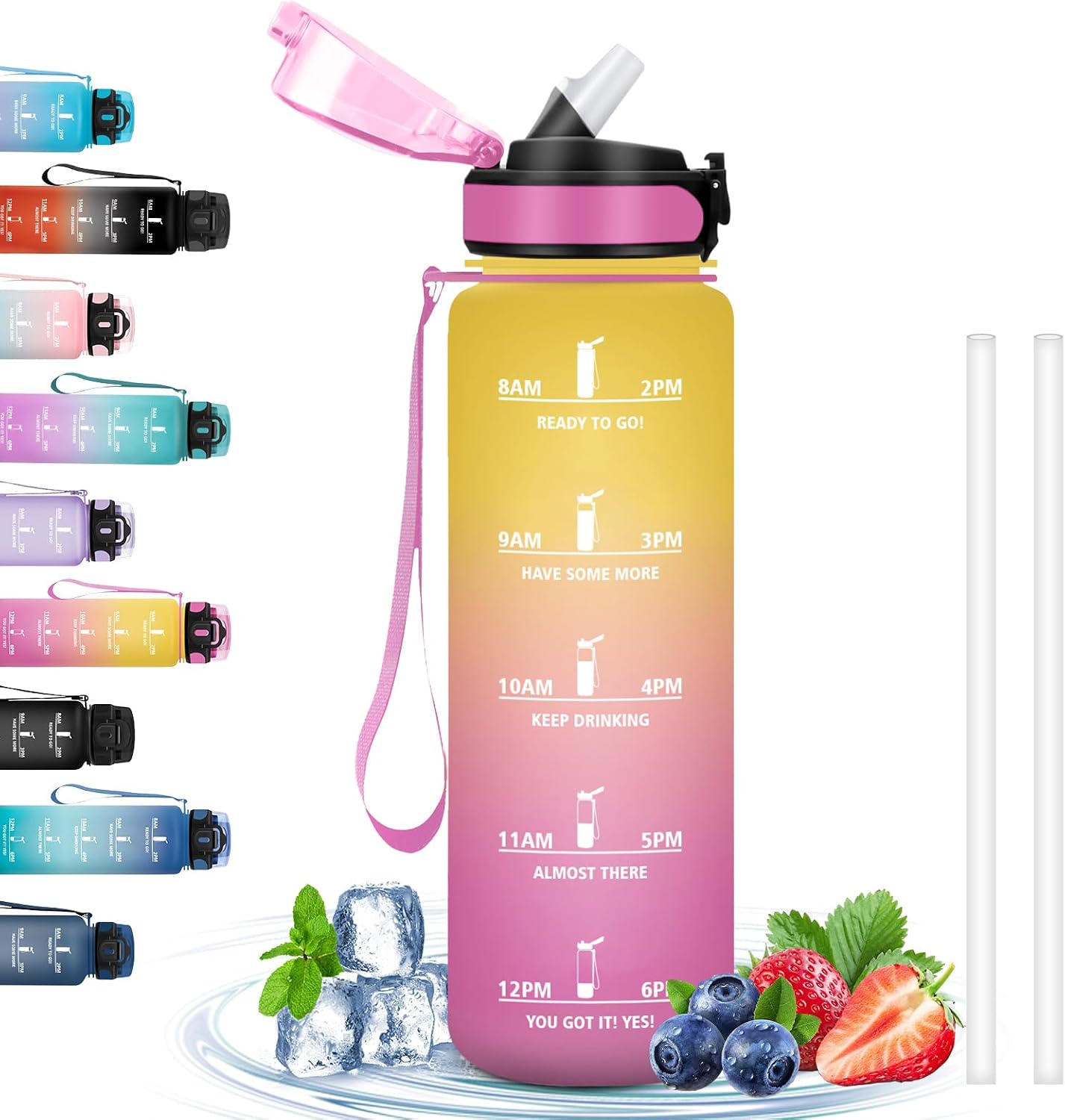 Detalle de Grsta Grsta-TY-SYXZG-1000ML-JB-Yellow-Pink – butelka sportowa 1 l ze słomką i skalą czasu
