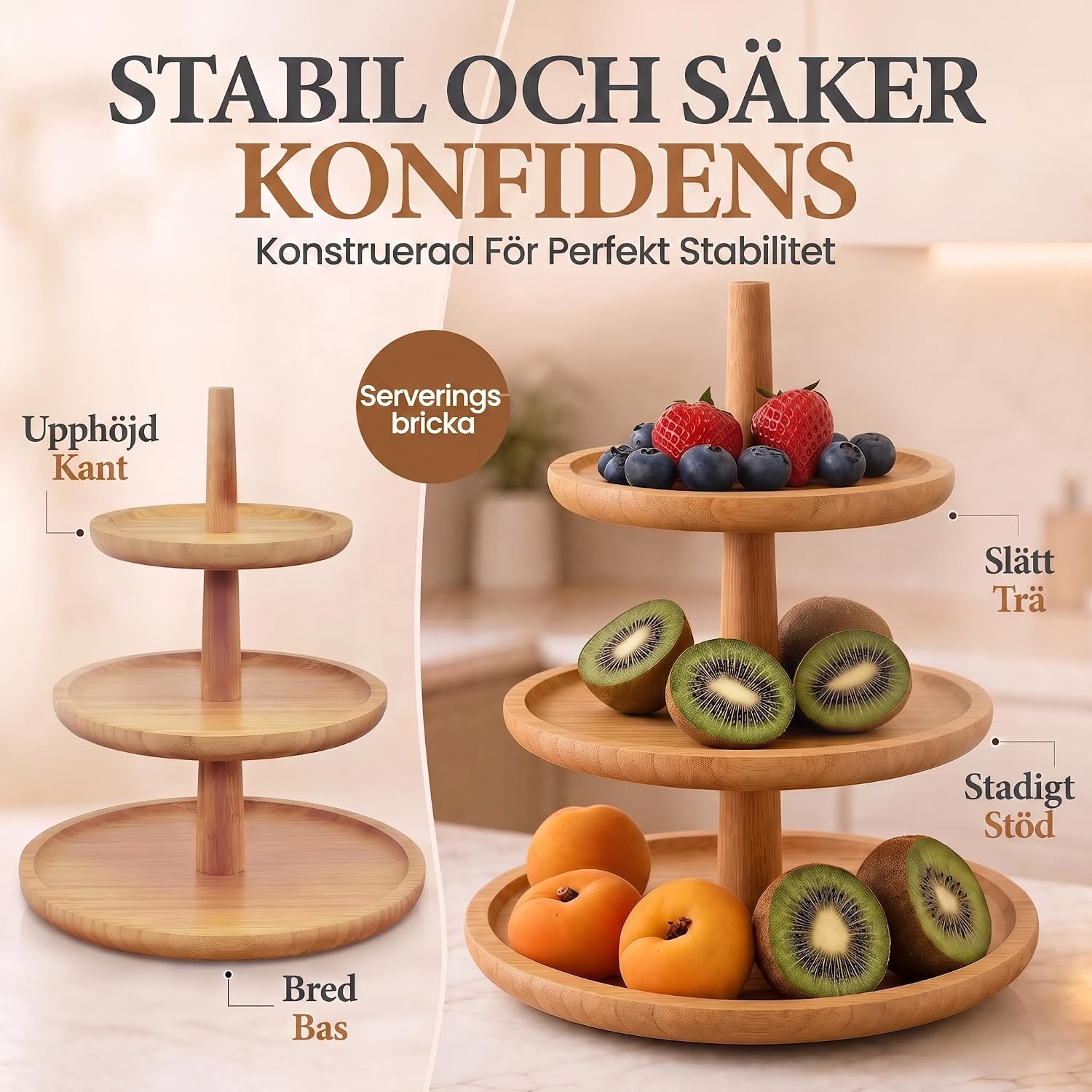 Detalle de DIMONO serveringsställ i bambu med tre våningar, runda fat och 37,5 cm höjd