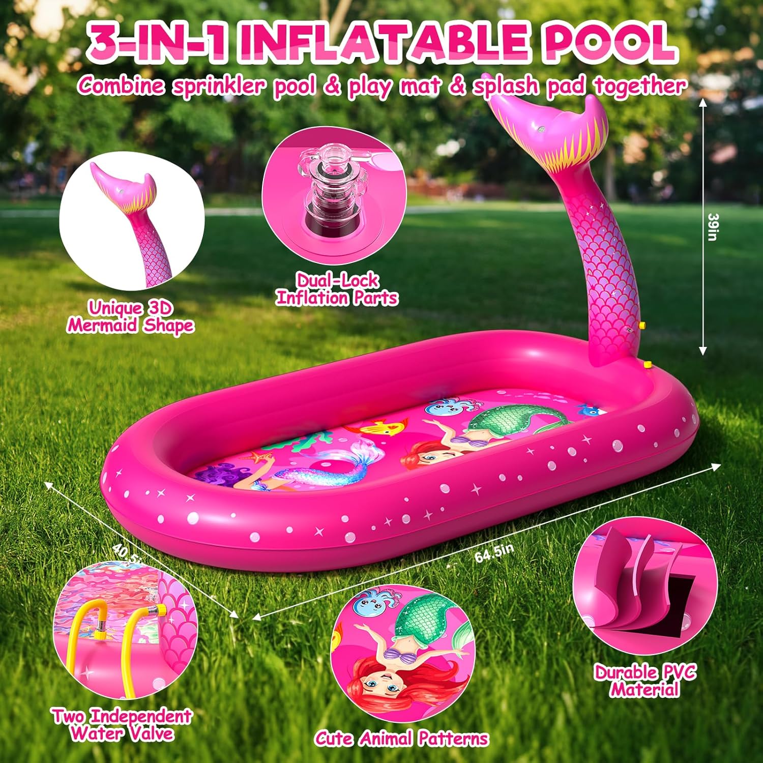 Detalle de Inflatable Paddling Pool for Kids with 3-in-1 Mermaid Pattern (Splash Pad, Pool and Play Mat)