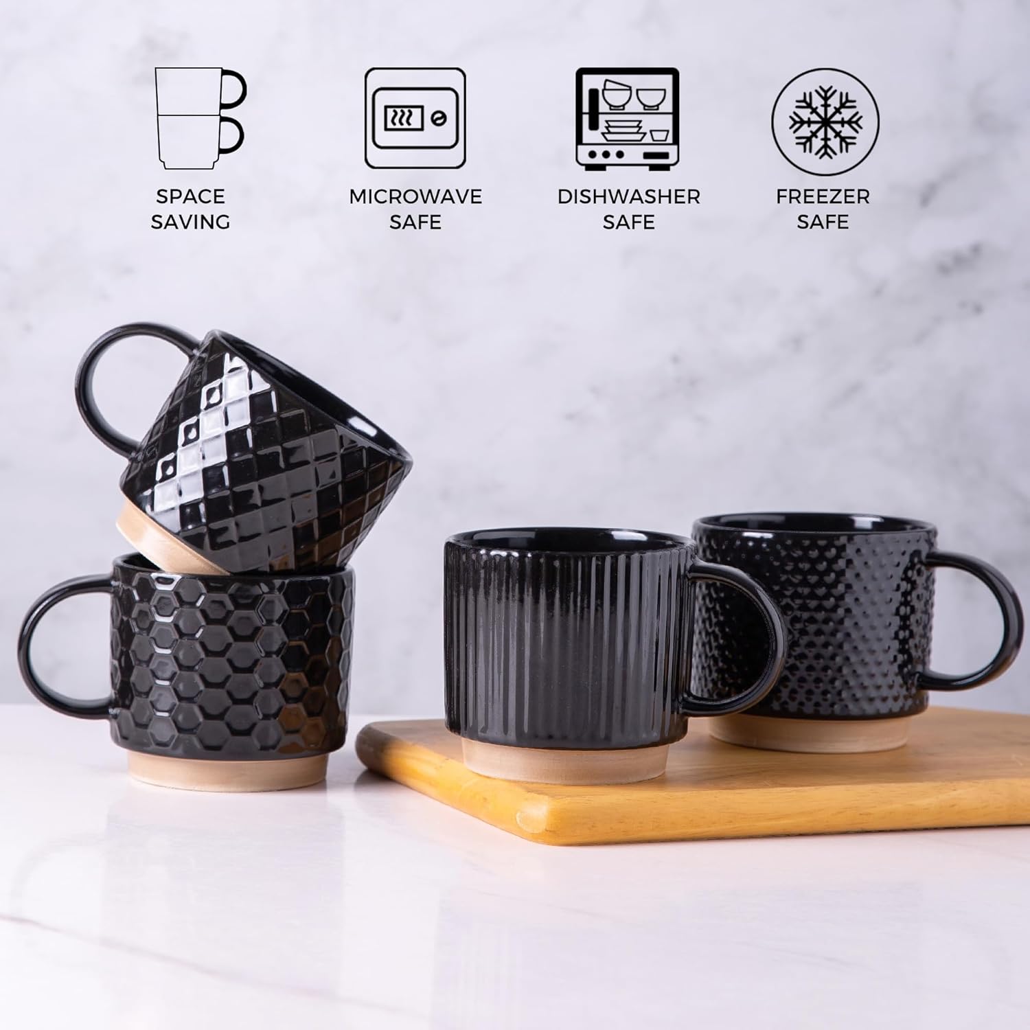Thumbnail 6 de GBhome 15OZ Stackable Ceramic Coffee Mugs – Textured 4-Piece Set