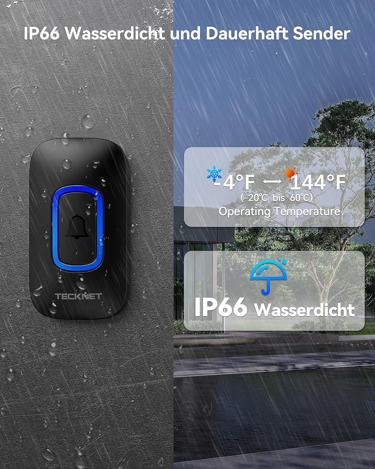 Detalle de TECKNET Funkklingel-Set (kabellos, batteriebetrieben) mit RGB-Licht, 60 Melodien und IP66