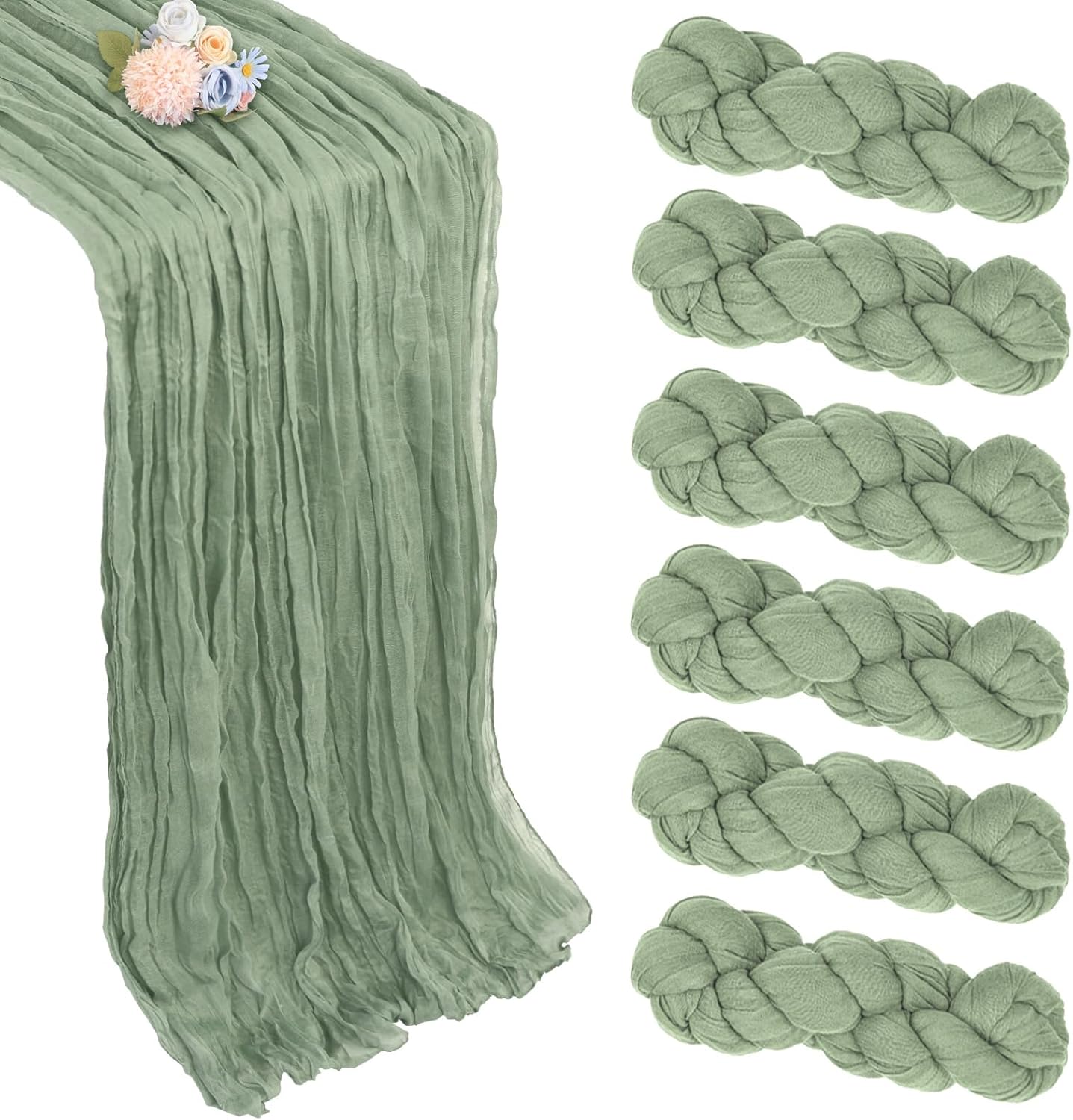 6 Pack Sage Green Boho Gauze Table Runner (35 x 120 in) for Rustic Spring Décor, Baby Showers, Weddings
