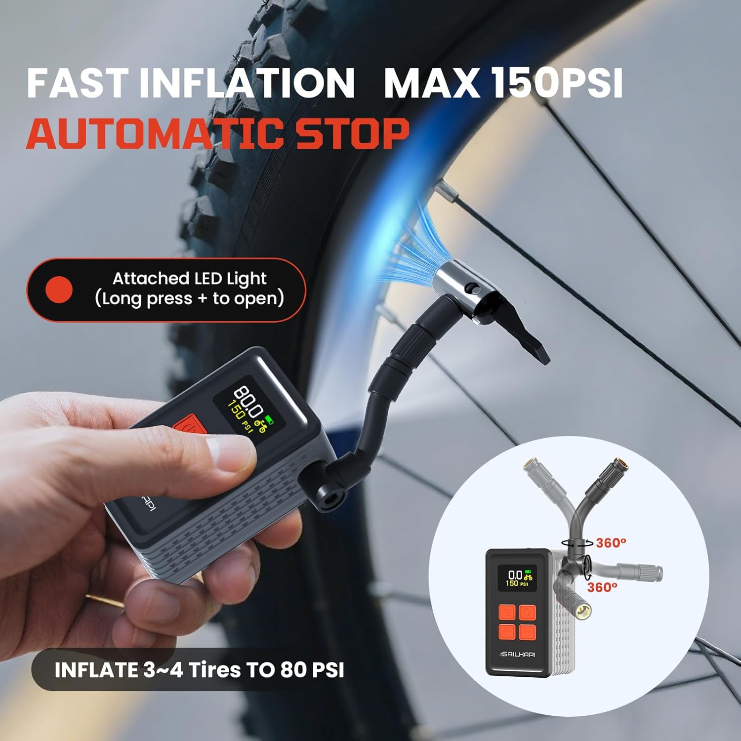 Detalle 2 de SAILHAPI Mini Bike Tire Pump 150 PSI
