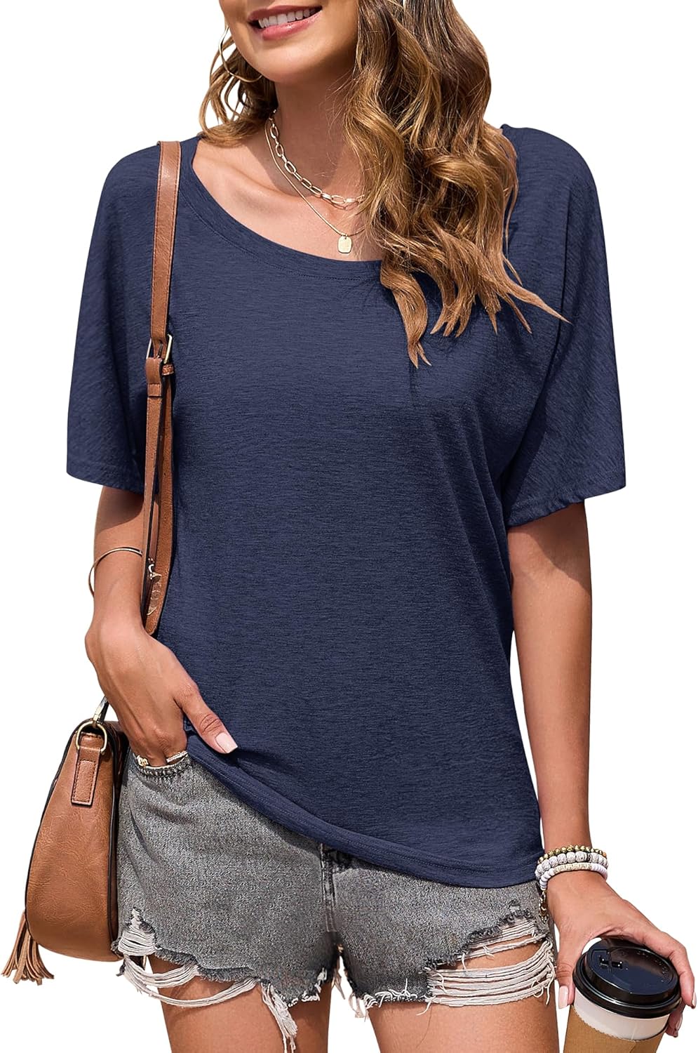Thumbnail 1 de WNEEDU T-shirt donna manica corta estiva con scollo ampio, girocollo/top monospalla