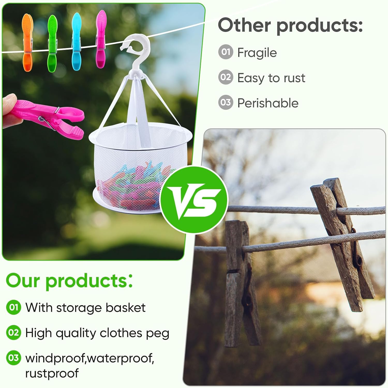 Detalle de 60 Pack Clothes Pegs with Bag – Extra Strong, Windproof, Non-Slip Laundry Clips in 4 Colours