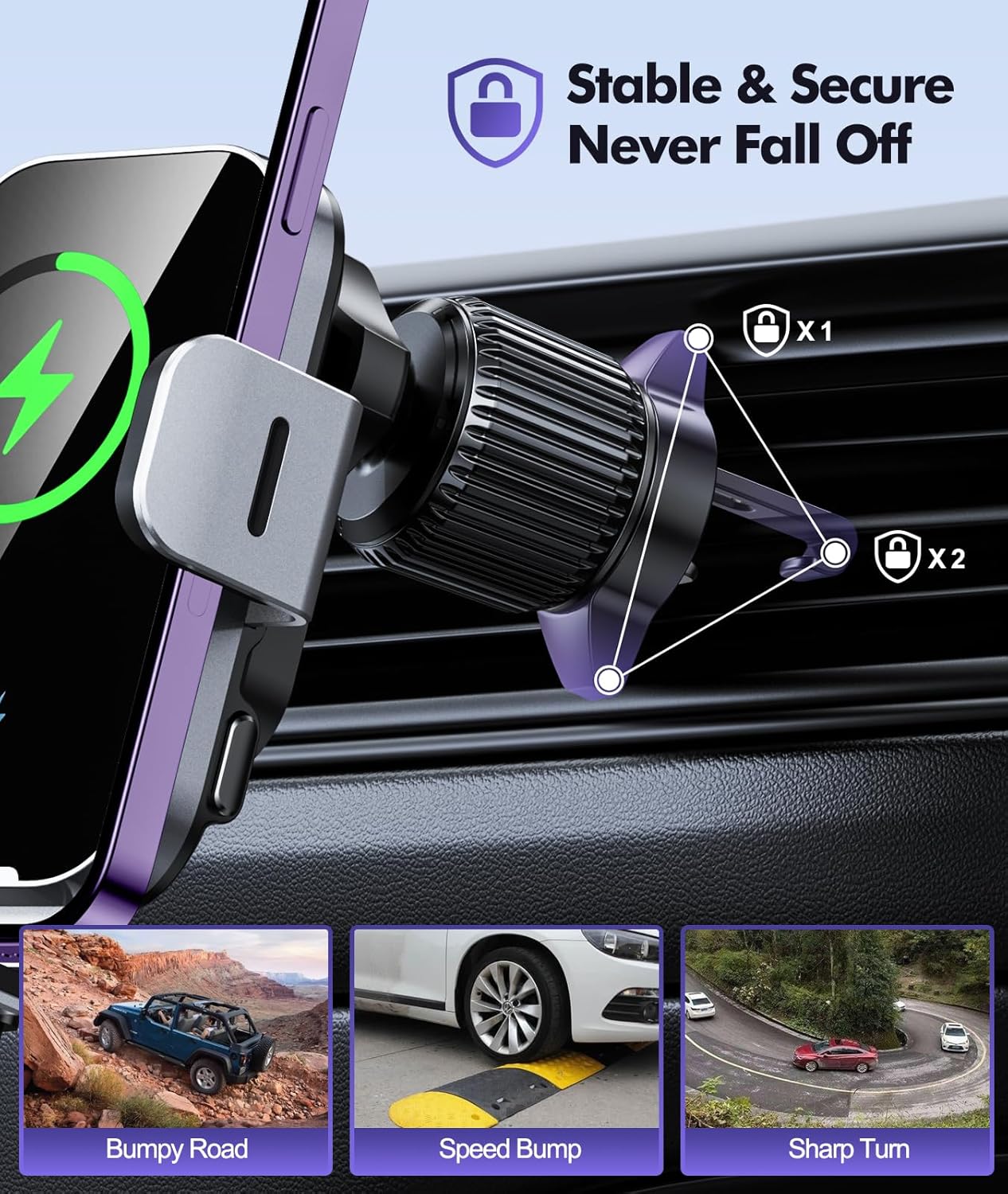 Thumbnail 3 de ISEYOU Car Phone Holder Wireless Charger 15W – Auto Clamping & 360° Air Vent Mount