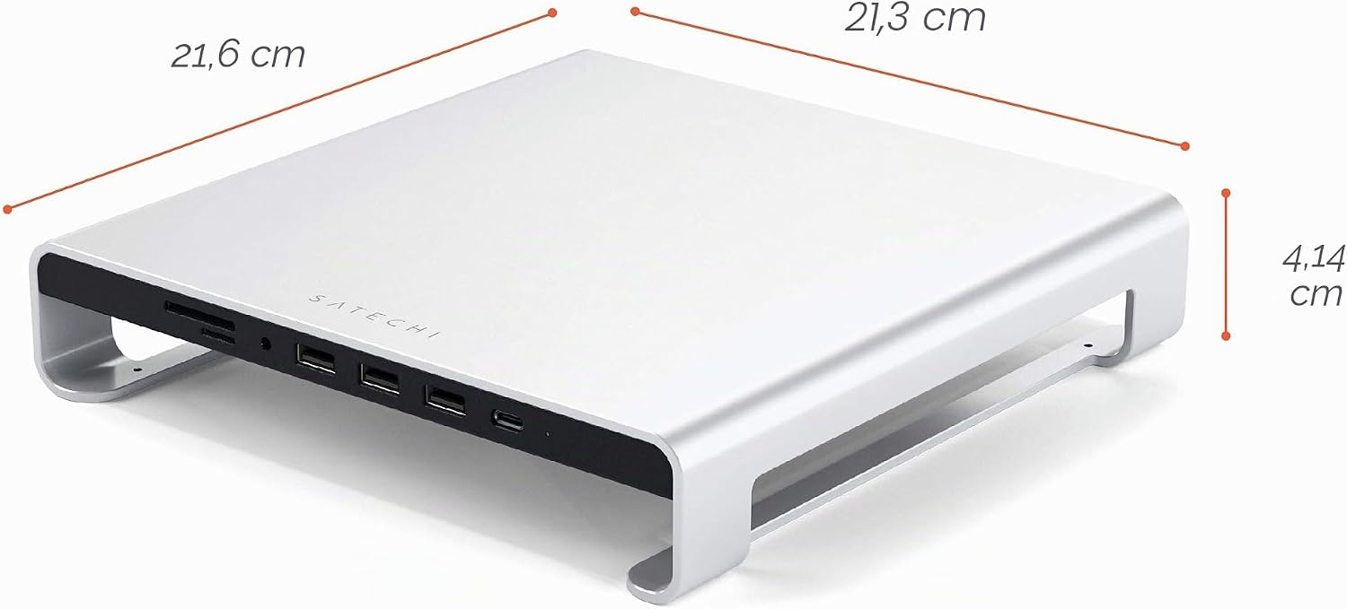 Detalle de Satechi Type-C Aluminium Monitor Stand Hub with USB-C Data, USB 3.0, Micro/SD Card Slots & 3.5mm Headphone Jack – Compatible Apple Studio Display et iMac