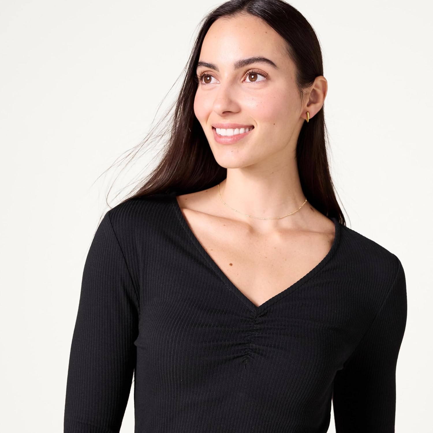 Thumbnail 3 de Langärmeliges, gerafftes Rippsstrick-T-Shirt für Damen mit V-Ausschnitt (Schmale Passform)
