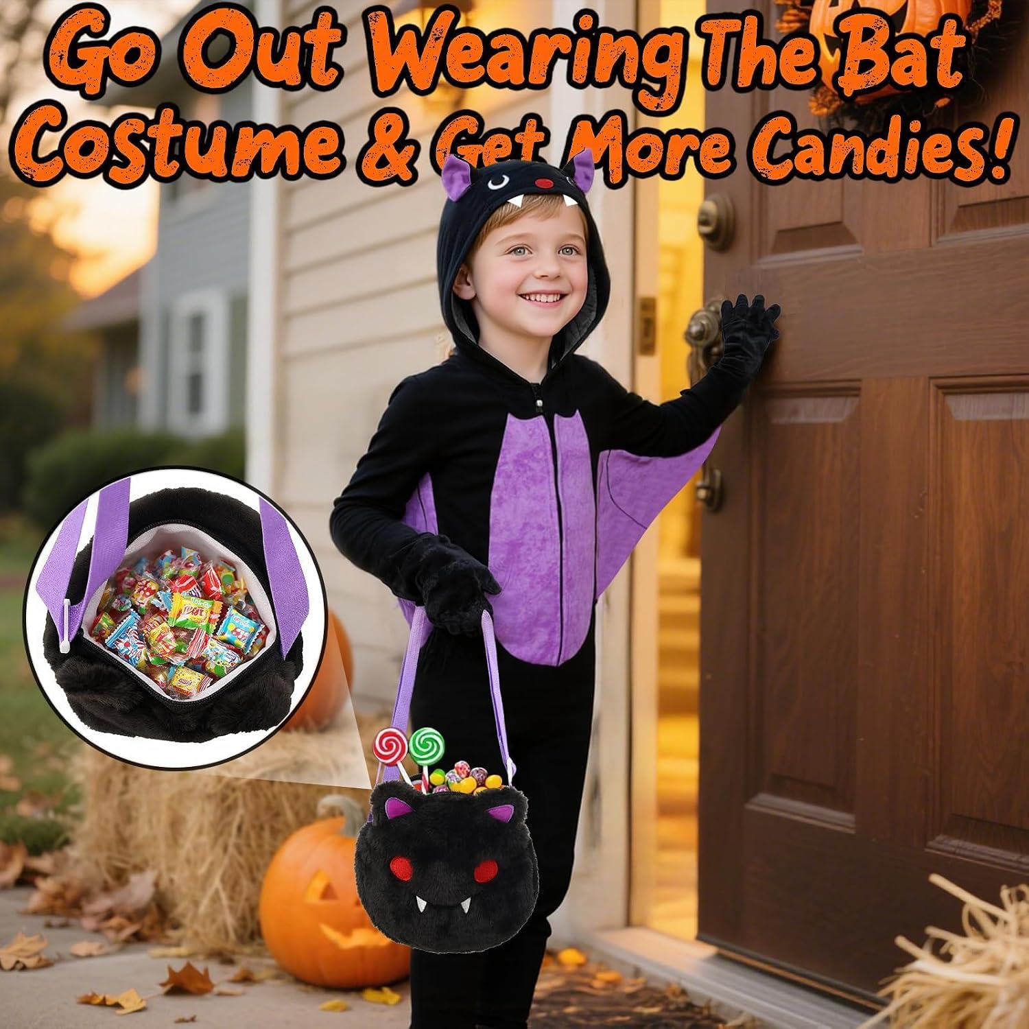 Detalle 2 de Learn2M Kids Bat Costume, Purple Flannel Onesie with Wings and Matching Bag