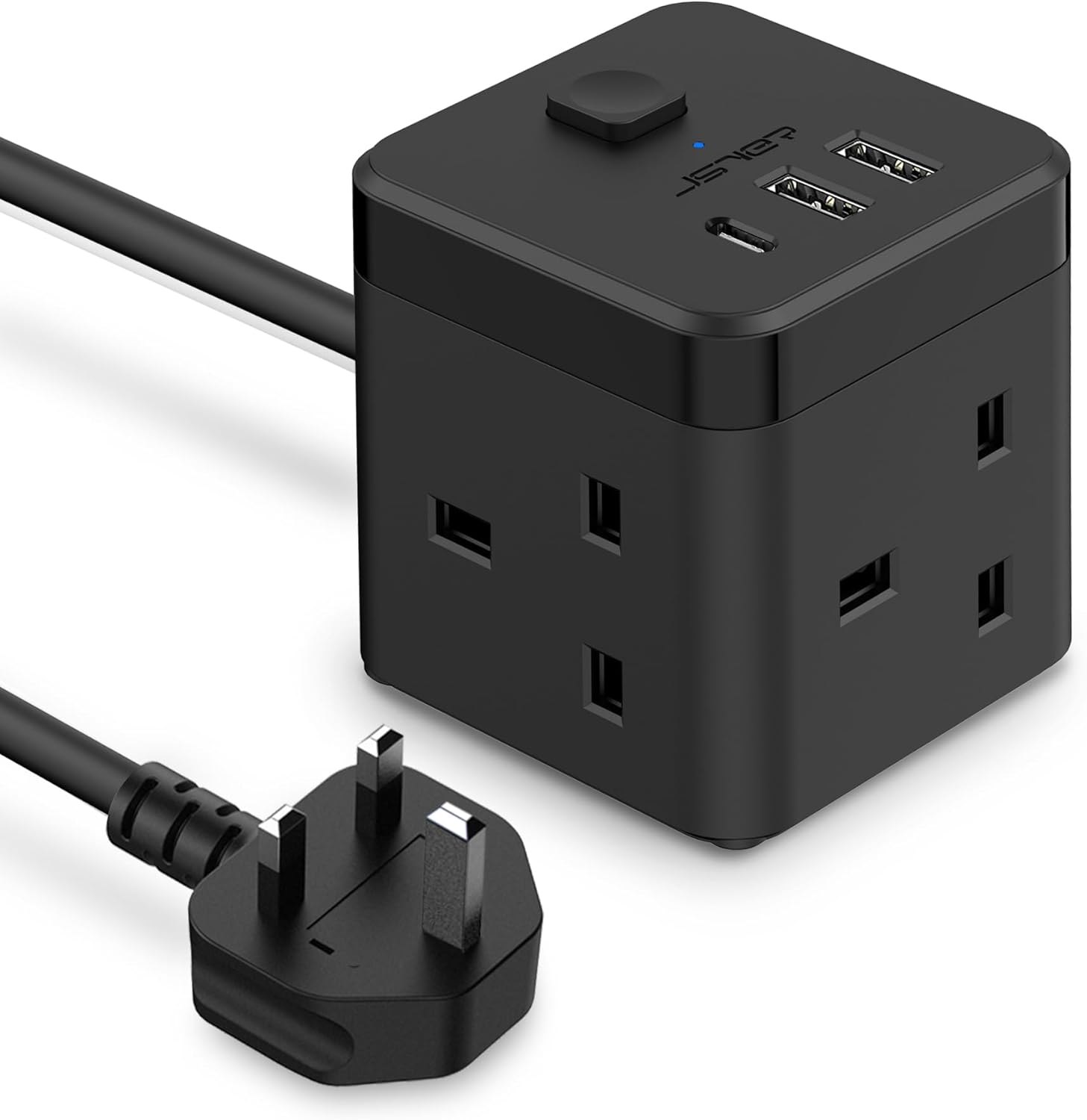 Detalle de JSVER Cube Extension Lead with 3 USB Ports (5V/2.4A) and 3 AC Outlets, 200cm Cable – Black