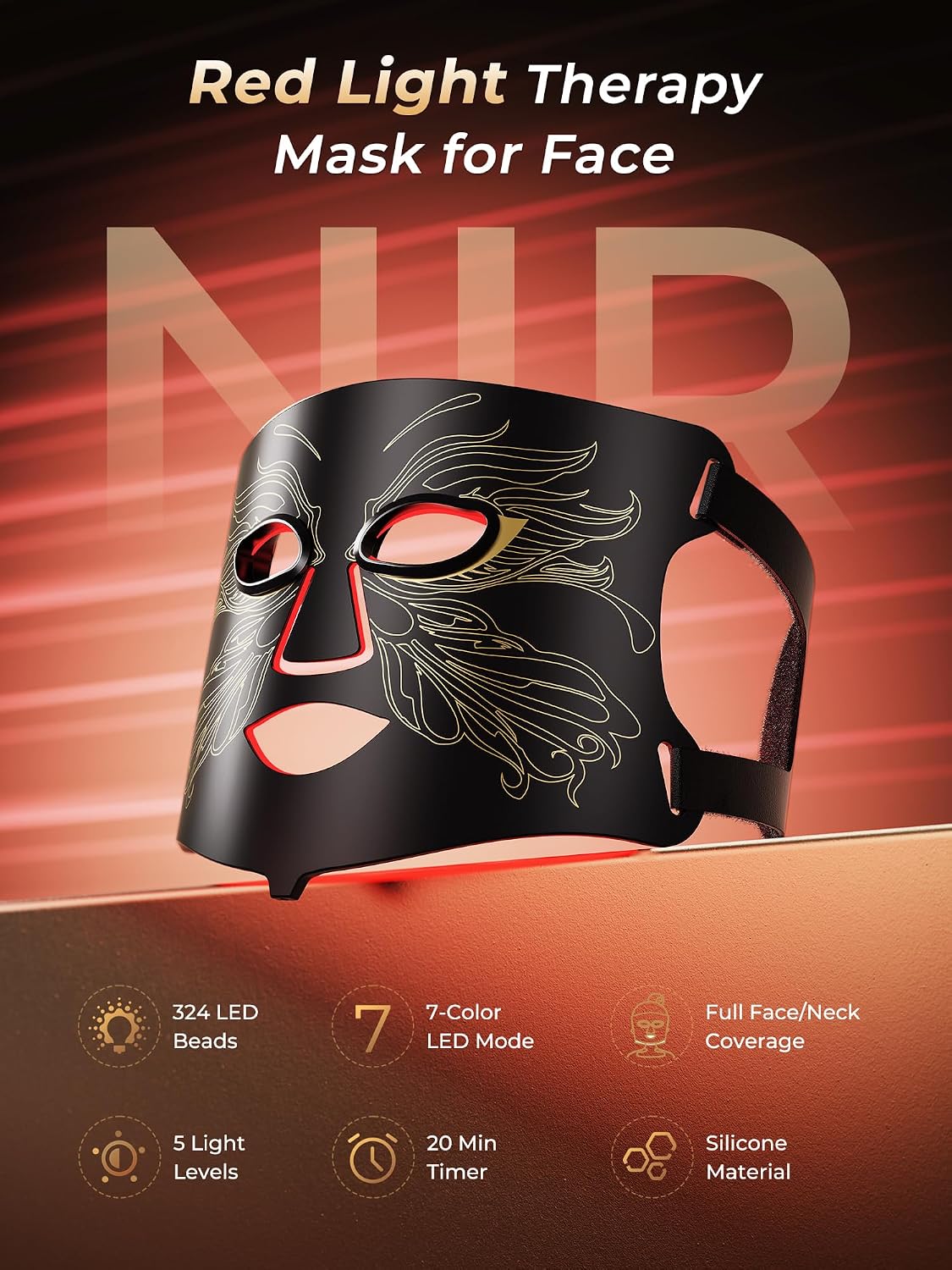Thumbnail 1 de 7-in-1 Red Light Therapy Mask for Face & Neck (324 LEDs) with Skin-Friendly Silicone