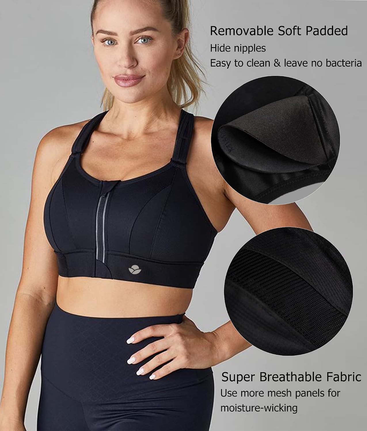 Detalle de YIANNA Women High Impact Sports Bra (Plus Size) with Zip Front & Removable Padding