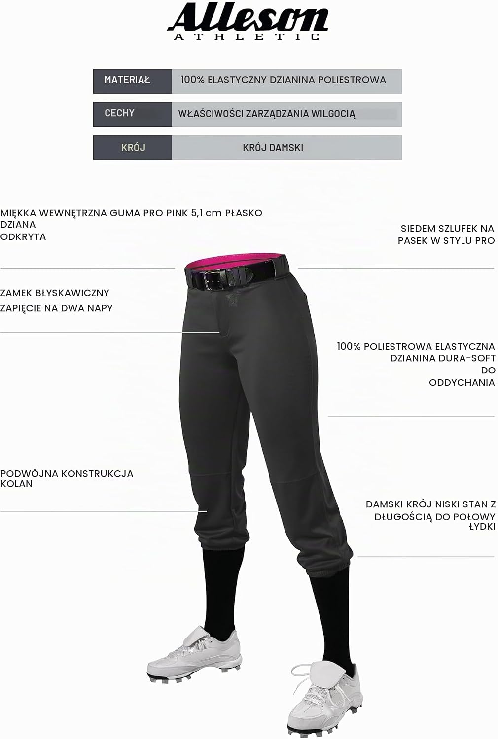 Detalle de Alleson Athletic Speed – damskie spodnie do softballu, elastyczna oddychająca dzianina
