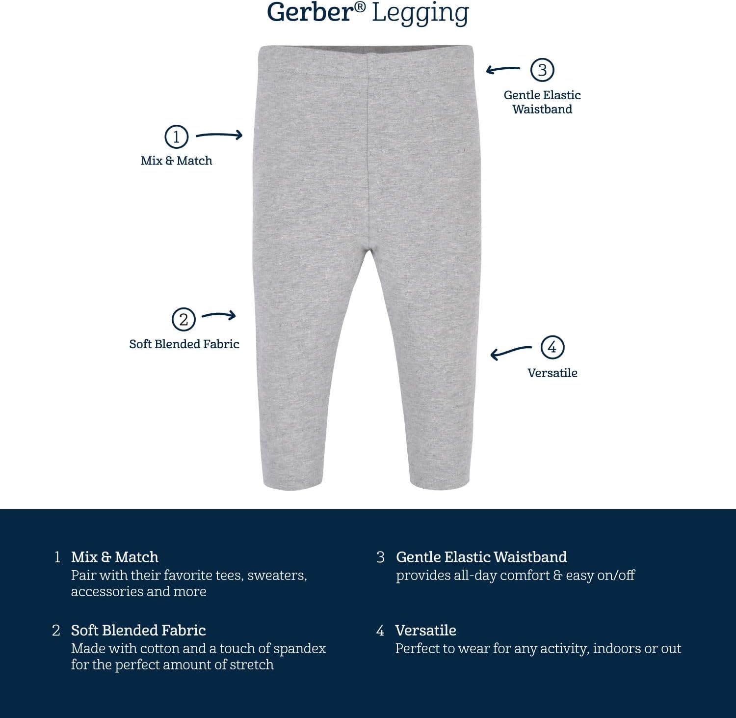 Detalle de Gerber Toddler 3-Pack Premium Leggings – Lot de 3 leggings en coton/élasthanne pour Bébé fille