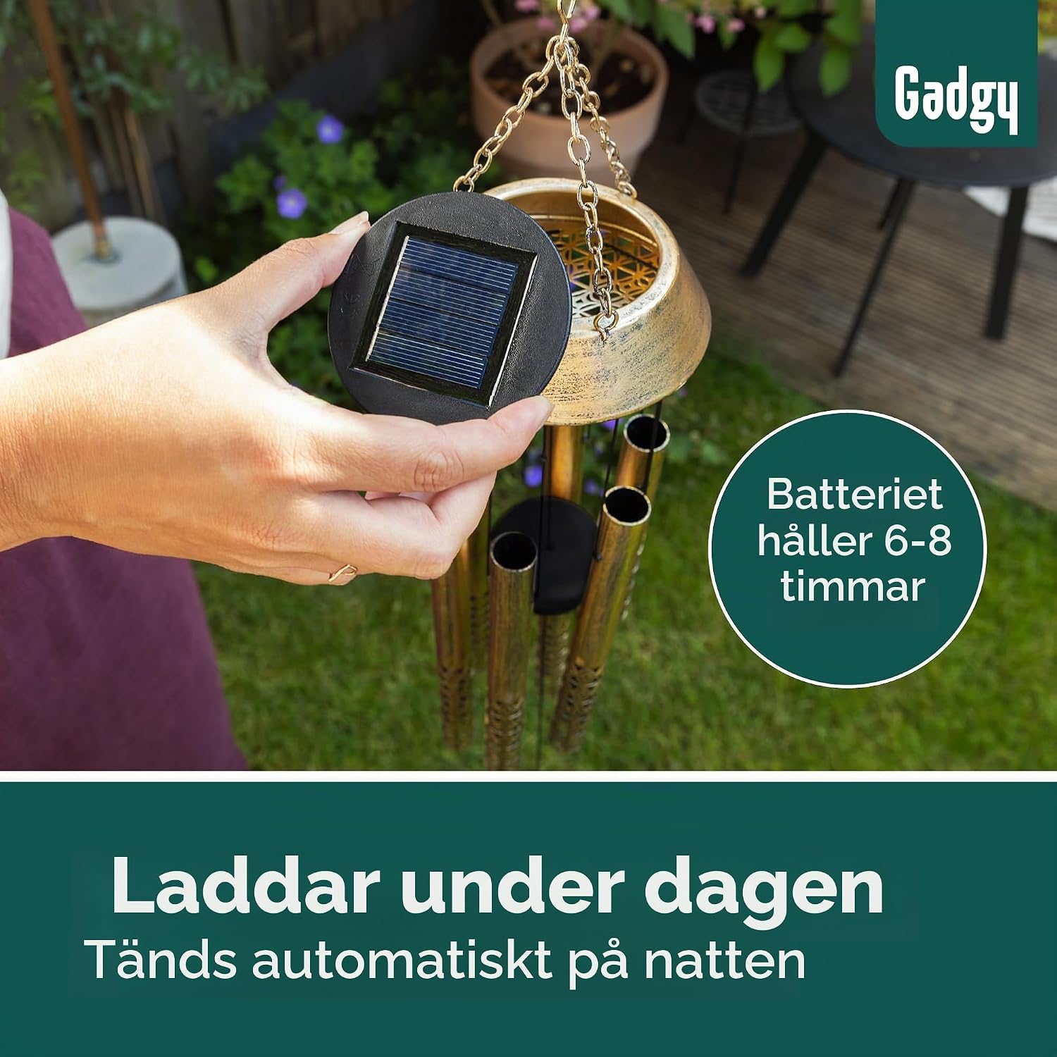 Detalle 2 de Gadgy GAD-SWC-GOL-ONE-001-001 solcellsdrivet vindspel i aluminium och trä