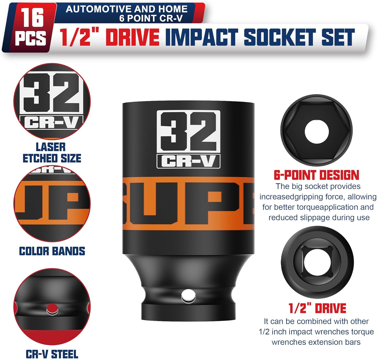 Thumbnail 2 de KIRXST 16-Piece 1/2" Drive Metric Impact Socket Set (10–32 mm) — Thick Extra-Deep, 6-Point Cr-V