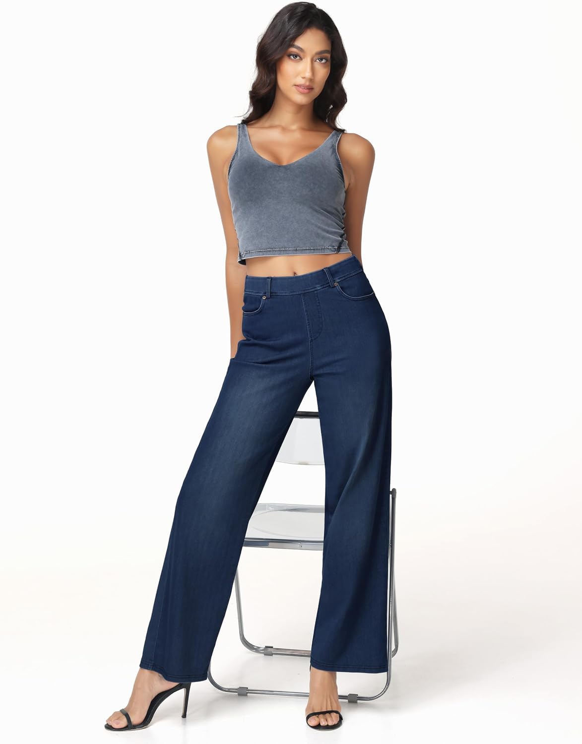 Thumbnail 6 de THE GYM PEOPLE wide-leg pull-on jeans voor dames, stretchdenim met zakken