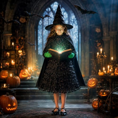 Thumbnail 3 de Ainvliya Kids Witch Costume Set (140) – Black Fluffy Princess Dress with Hat, Glasses & Accessories
