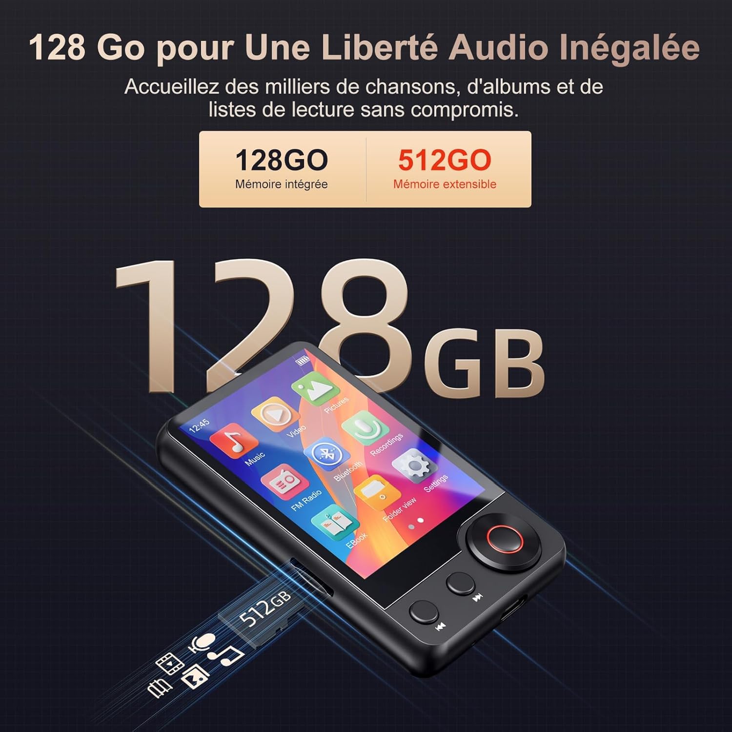 Detalle 2 de MECHEN Lecteur MP3 Bluetooth 128 Go – Écran tactile 2,4", USB-C, FM, Enregistrement et plus
