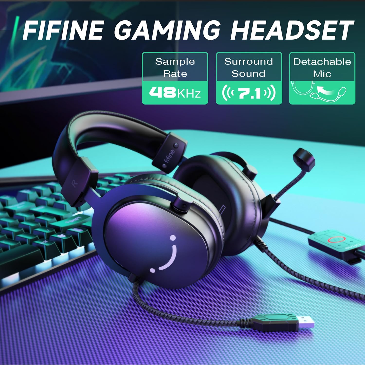 Detalle de FIFINE Gaming Headset mit Mikrofon – kabelgebundenes Over-Ear Headset mit 7.1 Surround Sound