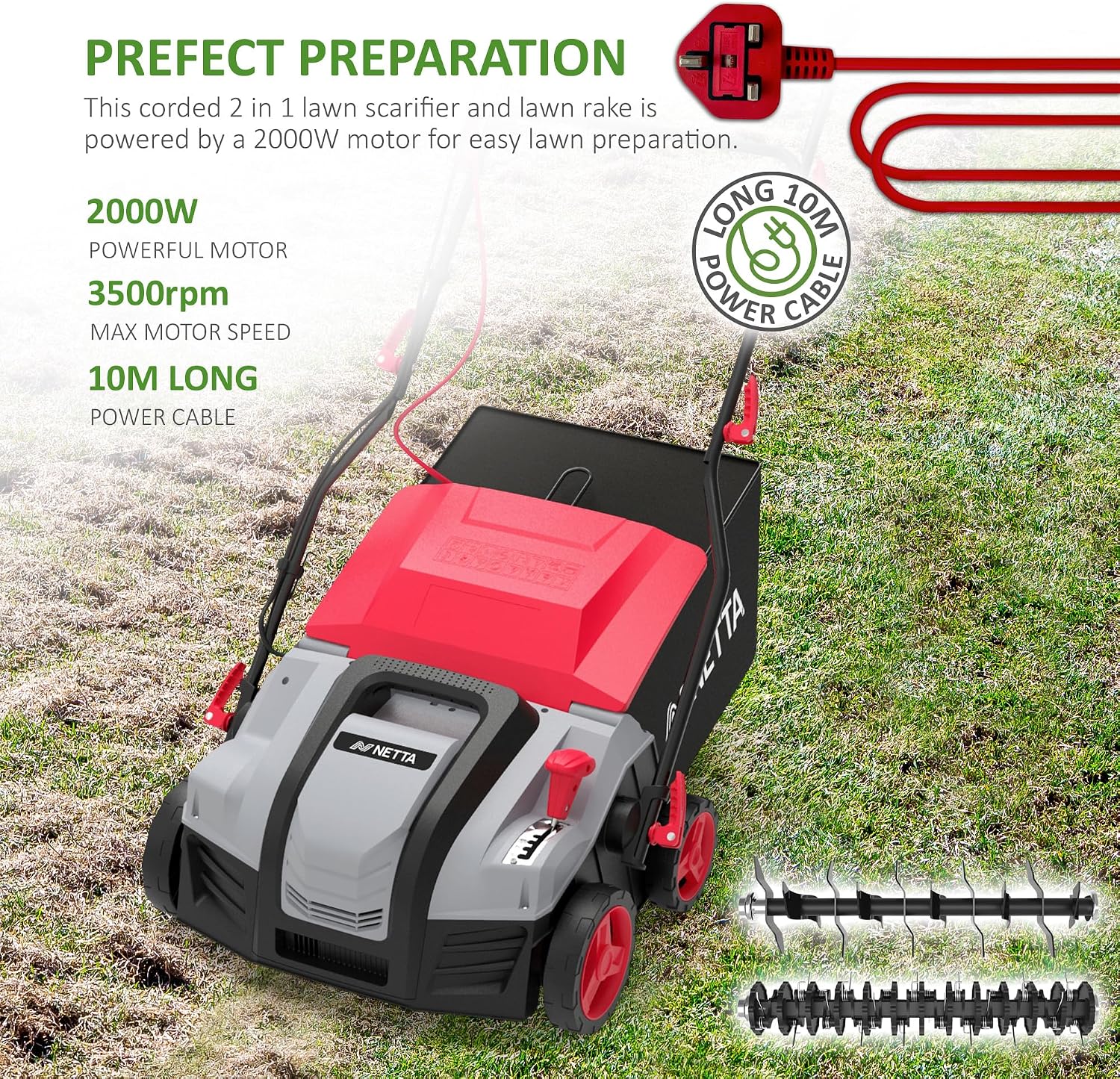 Detalle de NETTA 2000W Lawn Scarifier and Aerator (400mm) with 55L Grass Box, 5 Depth Settings, 10m Cable