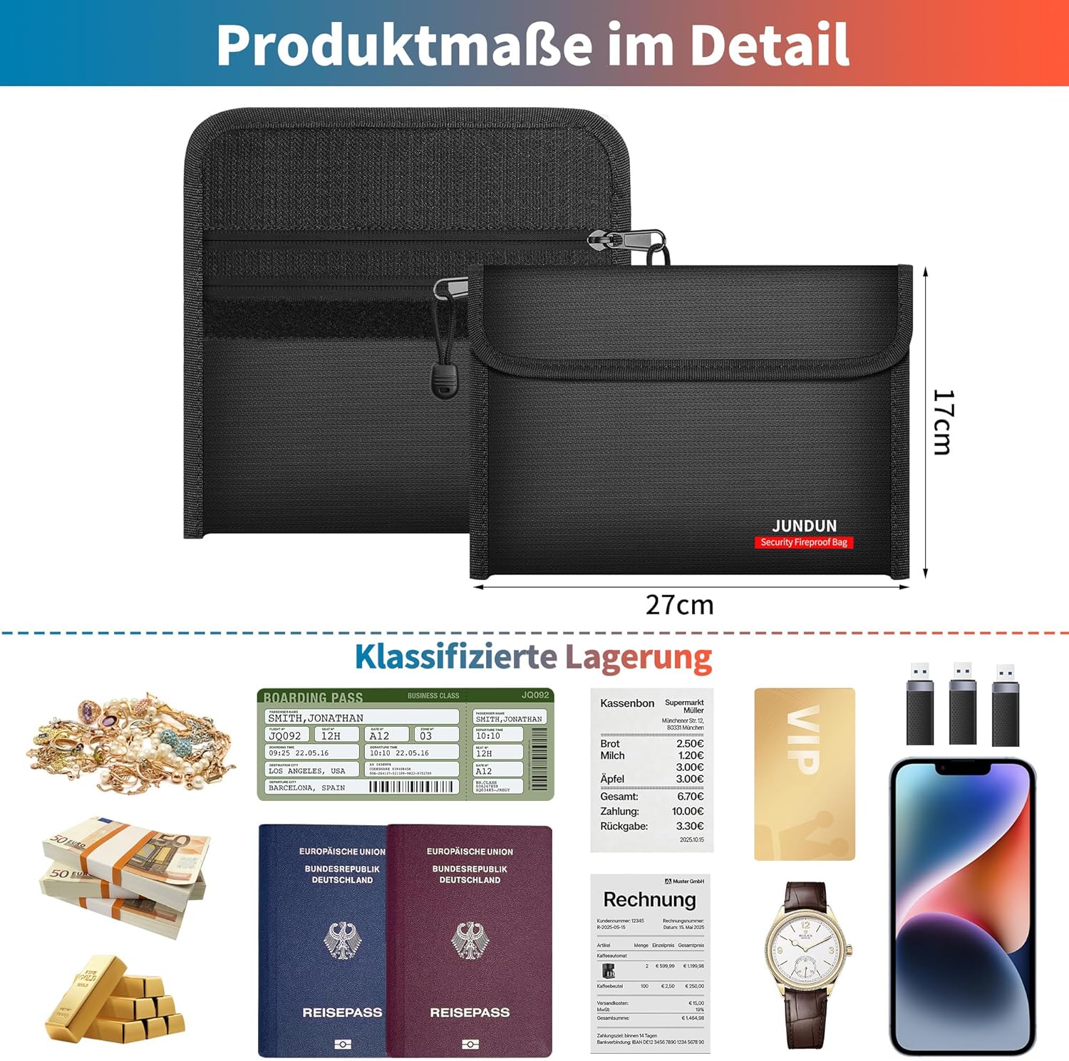 Thumbnail 6 de JUNDUN 2er Pack Feuerfeste Geldtasche 27x17 cm – Doppelter Reißverschluss, 12‑lagige Brand- und Wasserschutzfolie