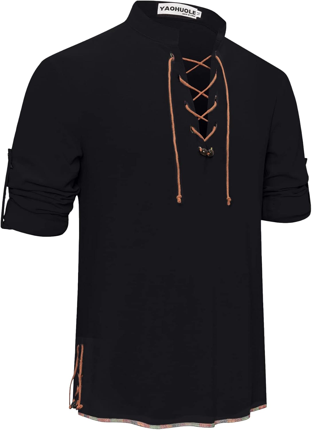 Thumbnail 6 de YAOHUOLE Men's Linen Shirt Long Sleeve Retro Lace Up – Classic Medieval/Viking-Inspired Top