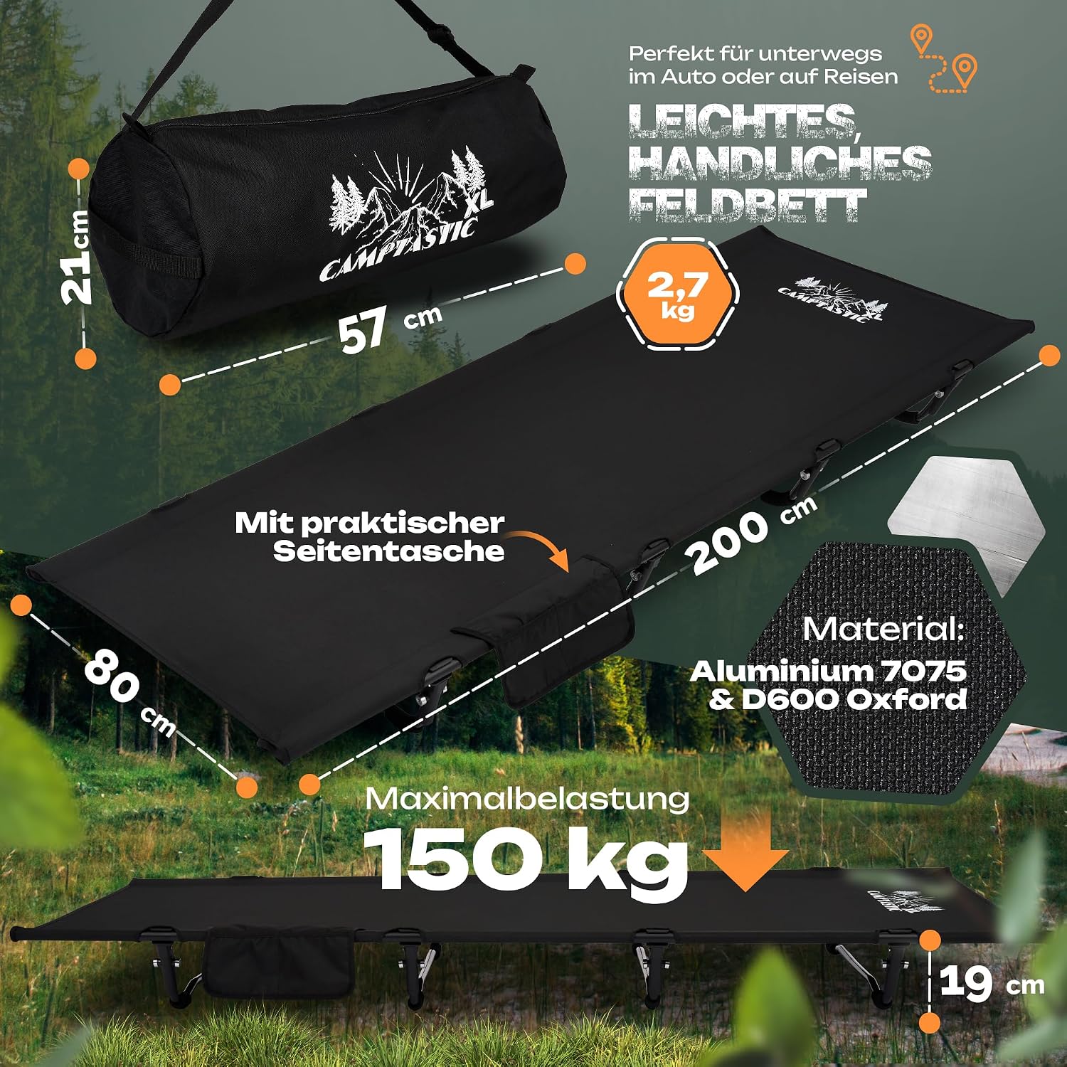 Detalle de Camptastic Feldbett XXL Ultraleicht – 2,7 kg, schneller Aufbau