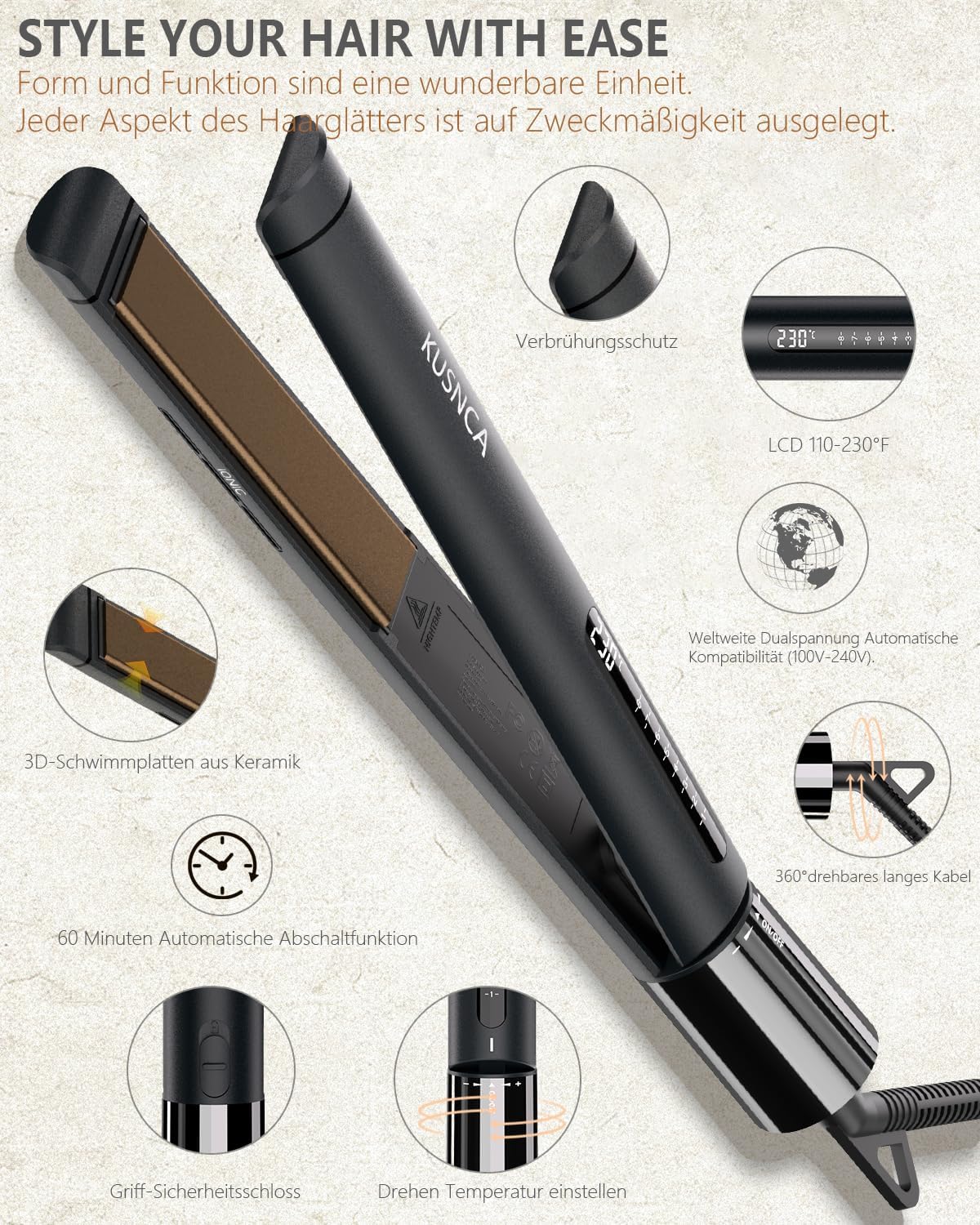 Thumbnail 6 de KUSNCA Ionen Glätteisen LCD 110–230 °C (2-in-1: glätten & locken) mit 25-mm-Keramikplatten