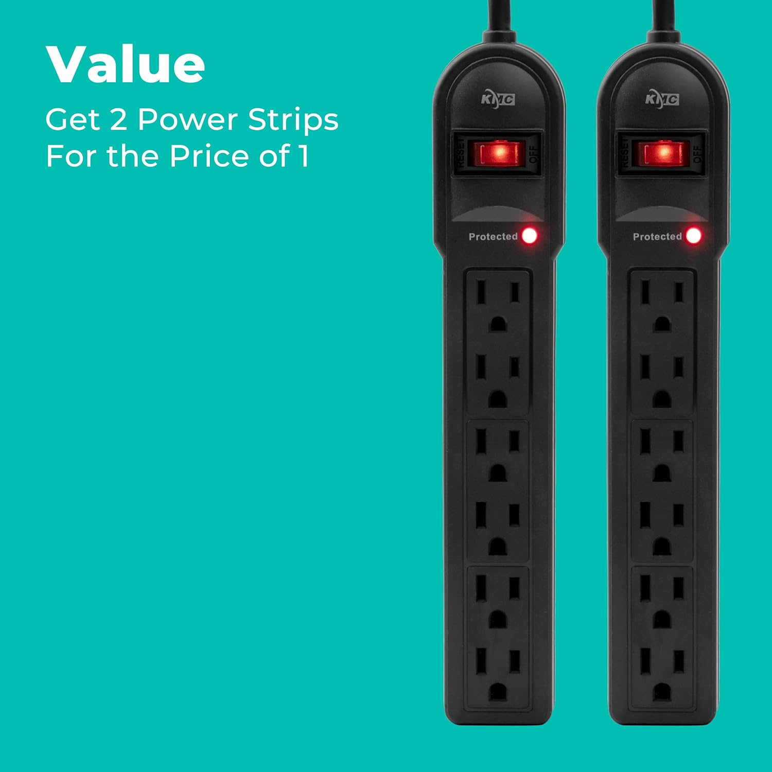 Thumbnail 6 de KMC 6-Outlet Surge Protector Power Strip (2-Pack) with 4-Foot Extension Cord, 900-Joule Protection